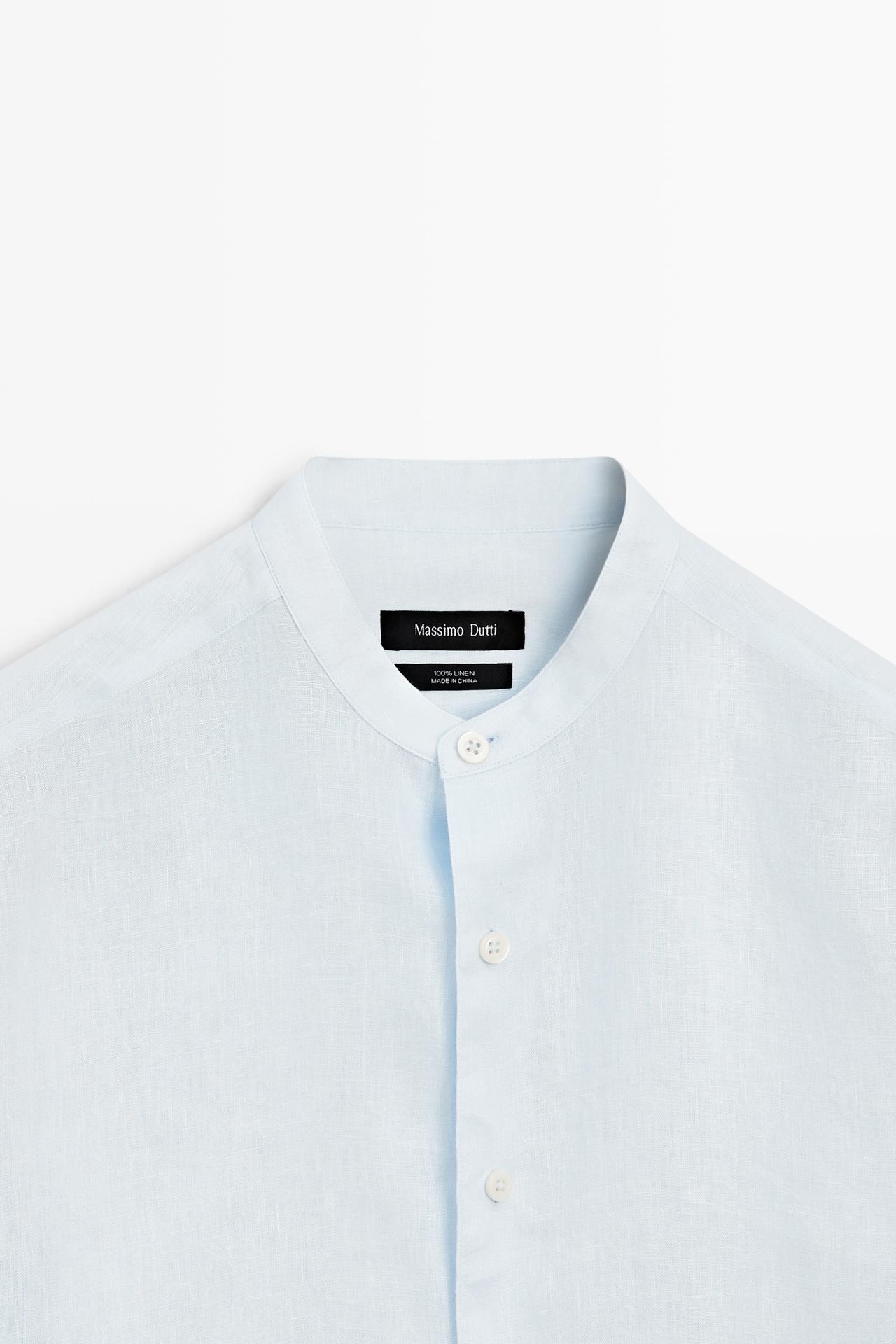 100% linen regular fit stand collar shirt — Sky blue