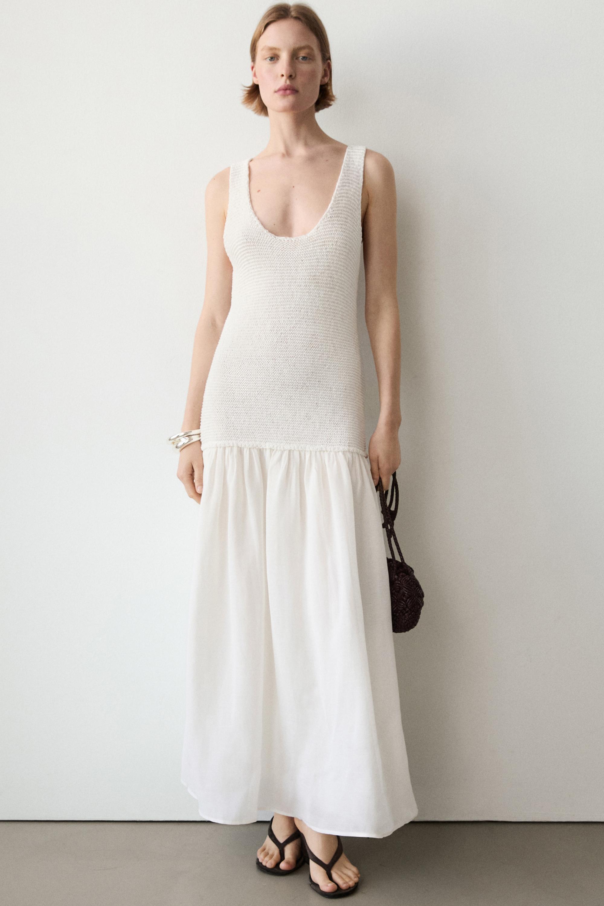 Long matching linen blend dress — PURE WHITE