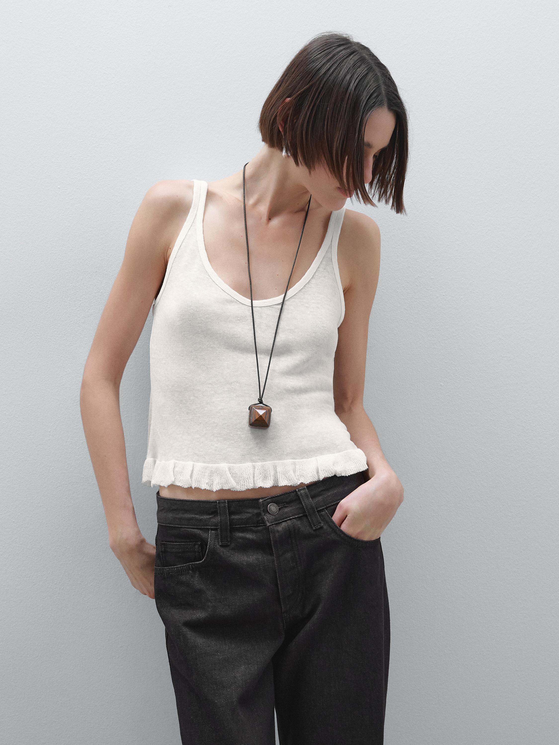 100% linen top with ruffled hem