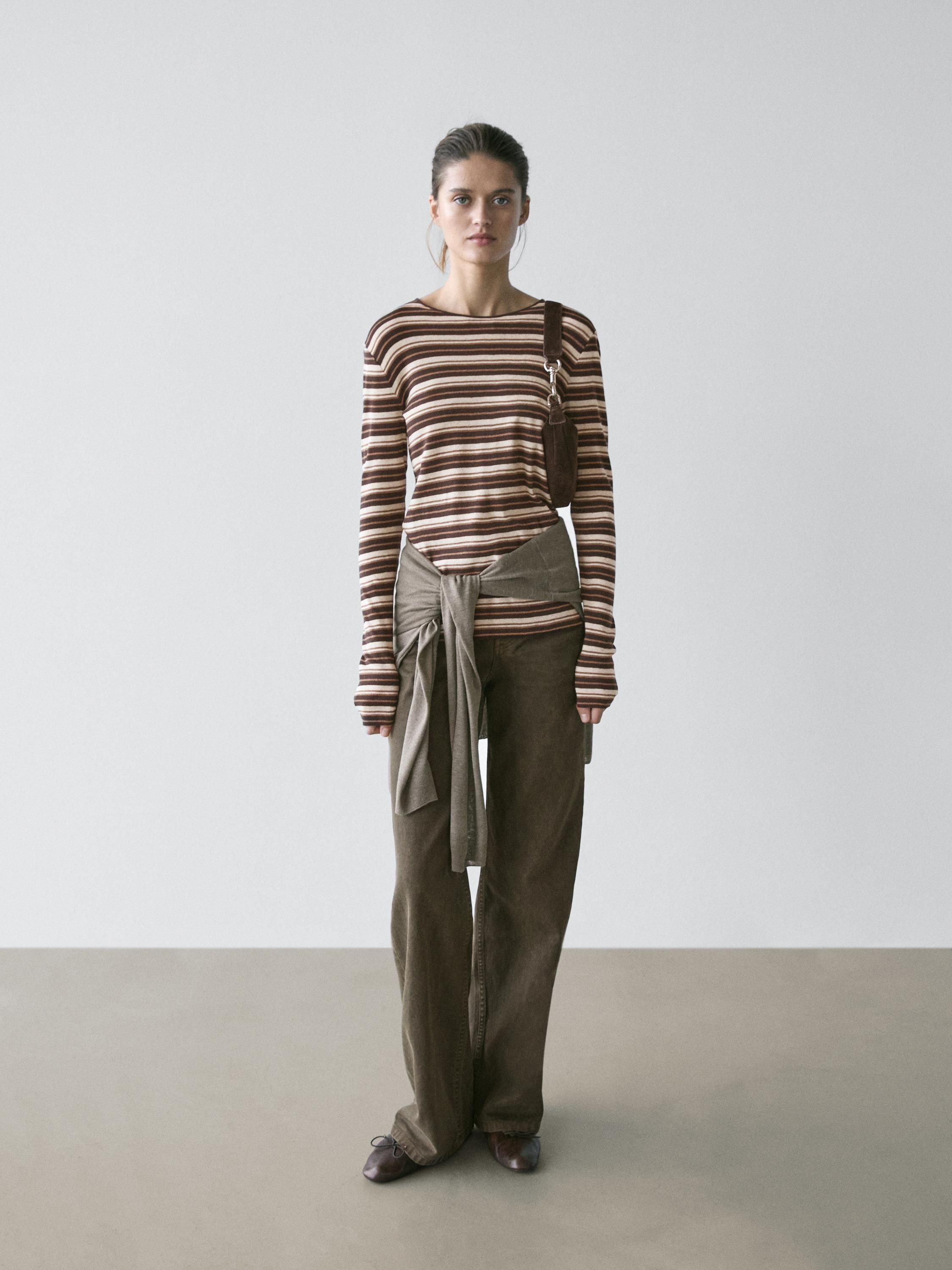 Cotton blend striped long sleeve T-shirt — BROWN