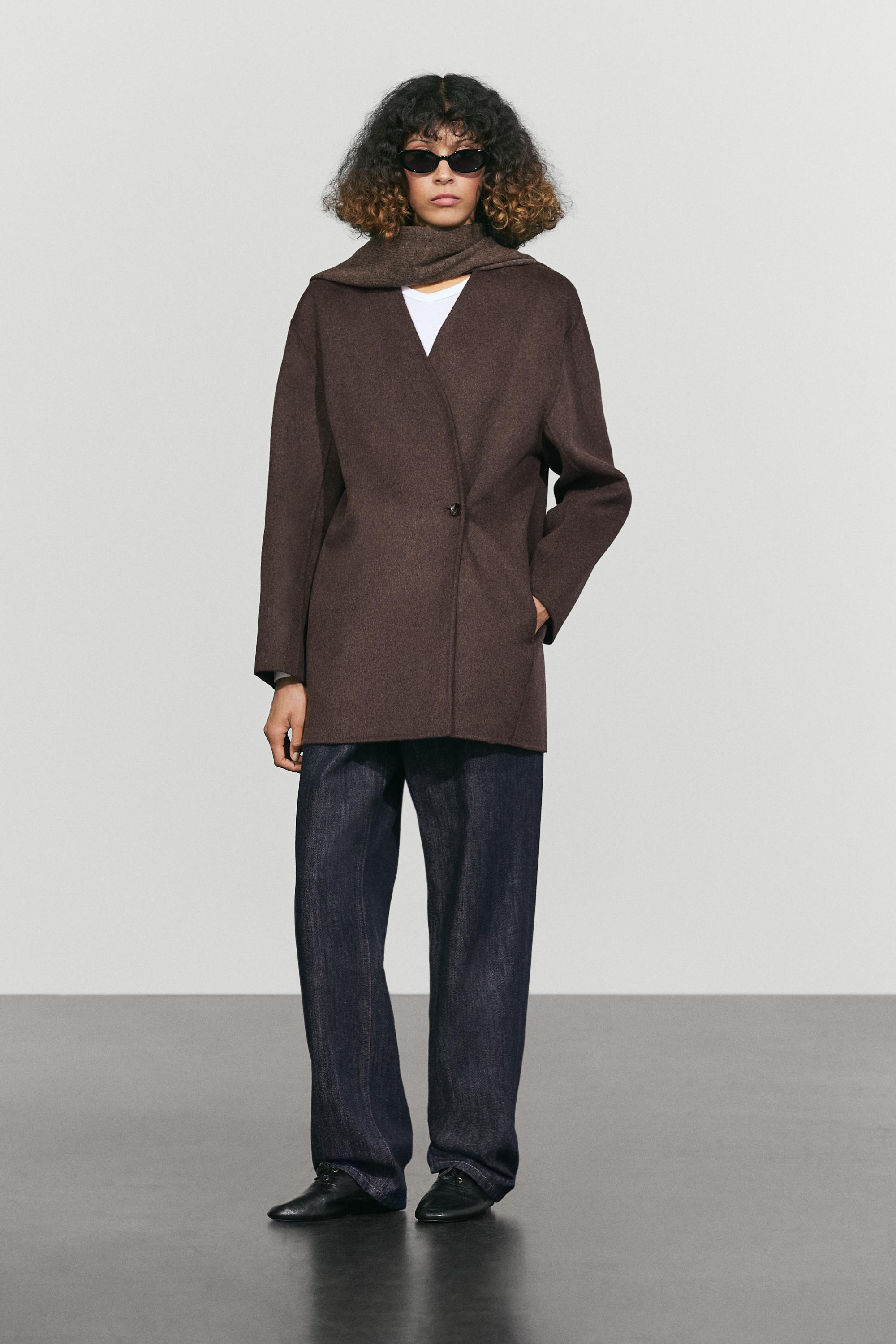 Wool-blend coat with scarf detail — BROWN