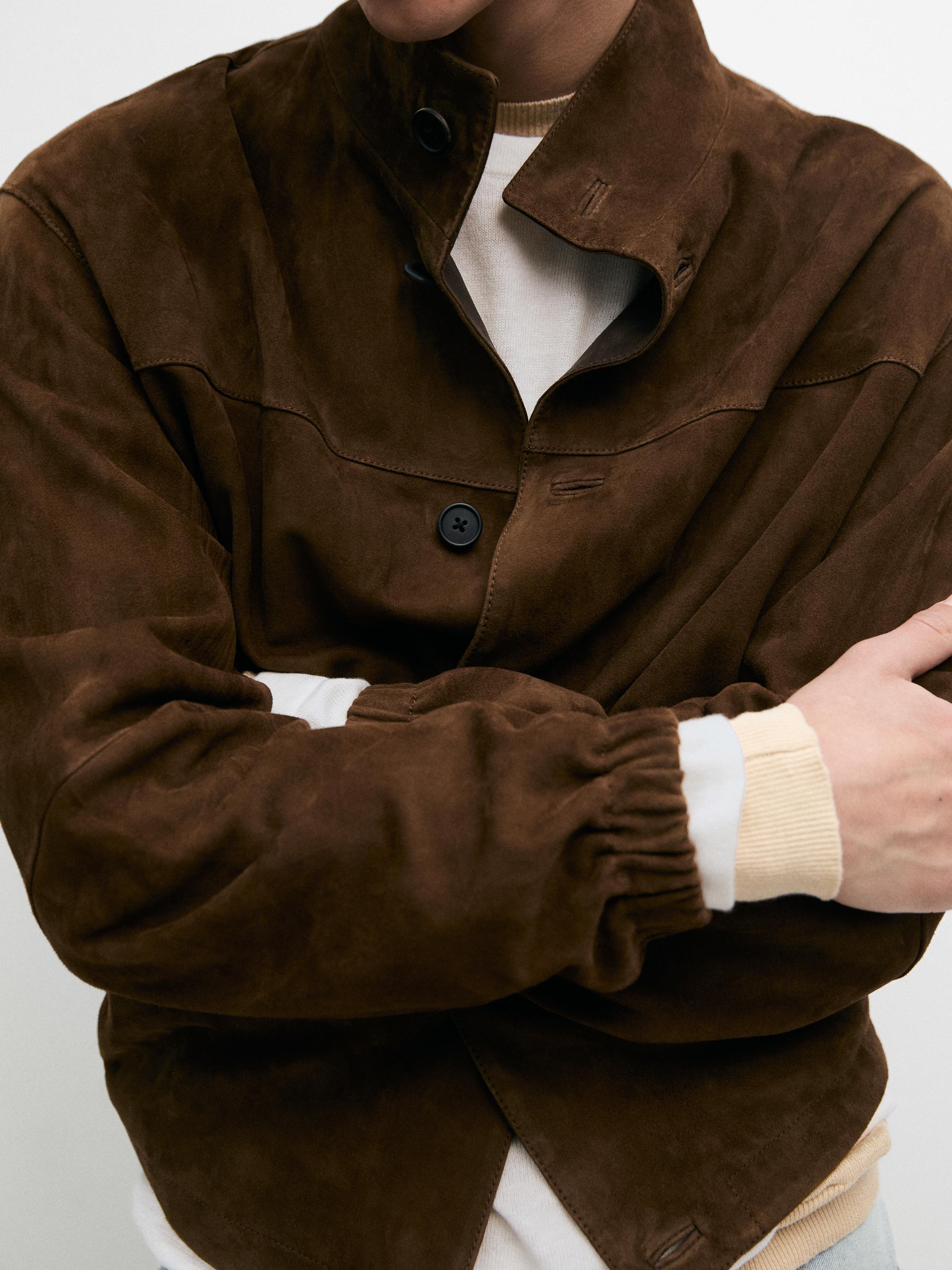 Suede leather high neck jacket — Tobacco brown