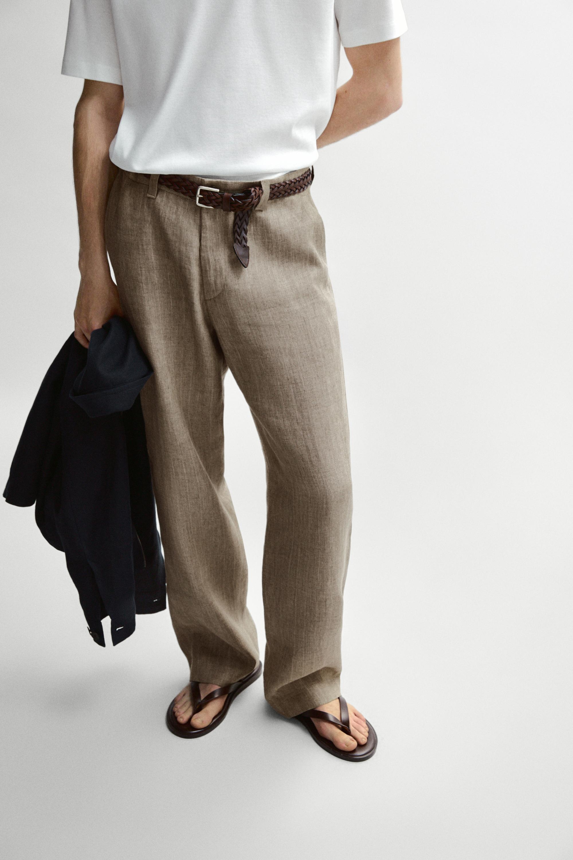 100% linen striped trousers — BEIGE