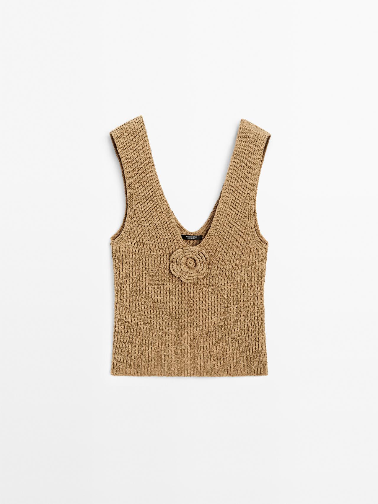 Massimo Dutti - Dame - Top I Bomuldsblanding Med Blomsterdetalje - Karamelfarvet - Xs