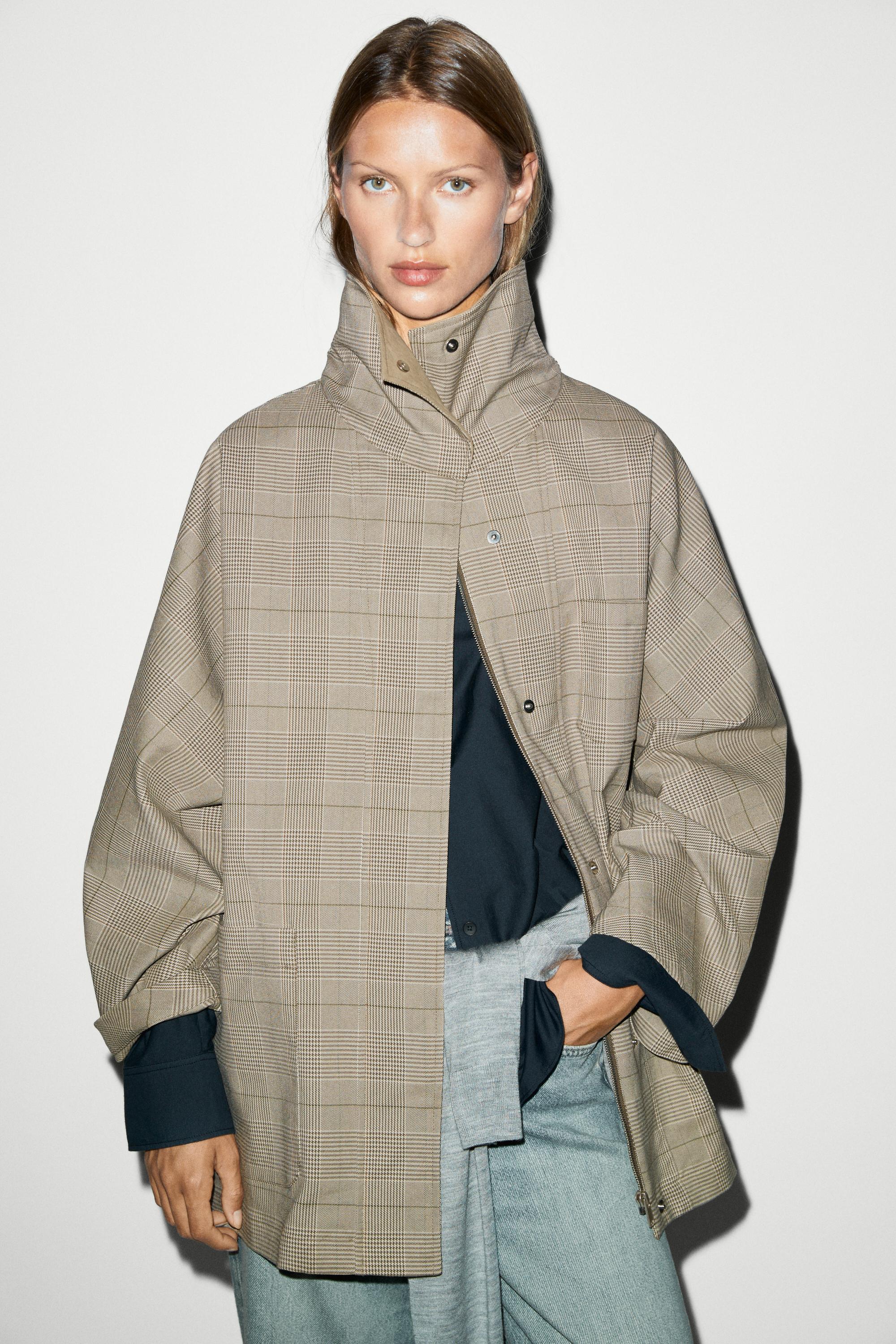 Cotton blend plaid high neck jacket — KHAKI
