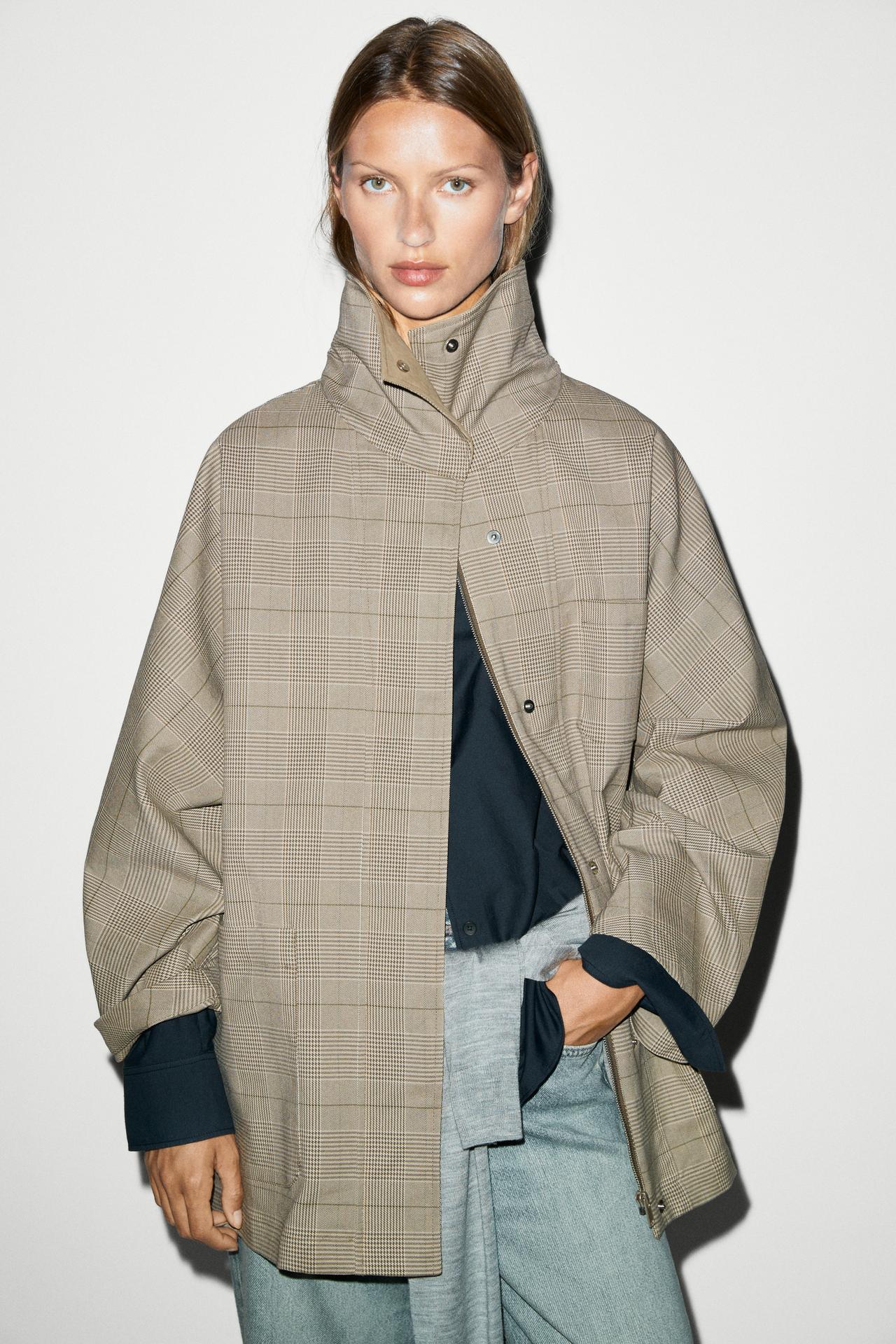 Cotton blend plaid high neck jacket — KHAKI