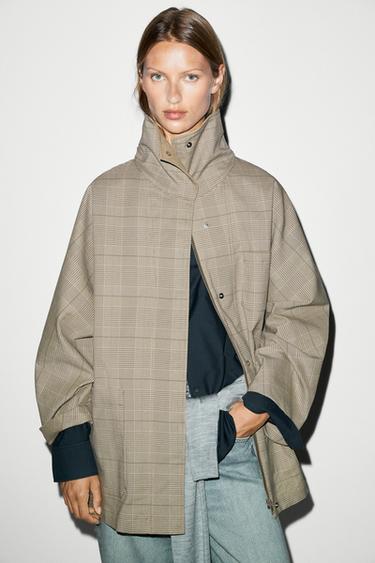 Cotton blend plaid high neck jacket — KHAKI 8