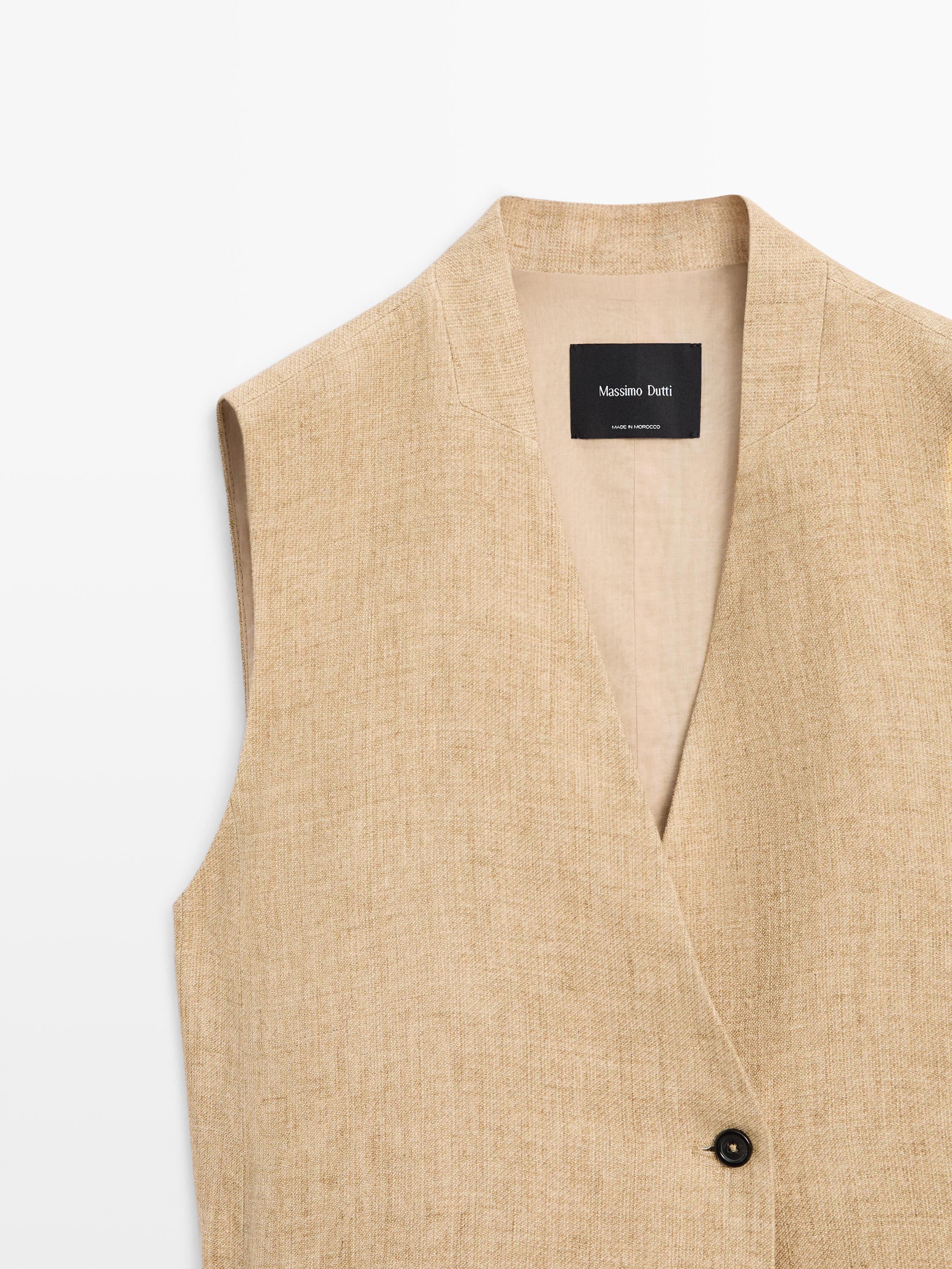 Linen waistcoat with crossover fastening — BEIGE