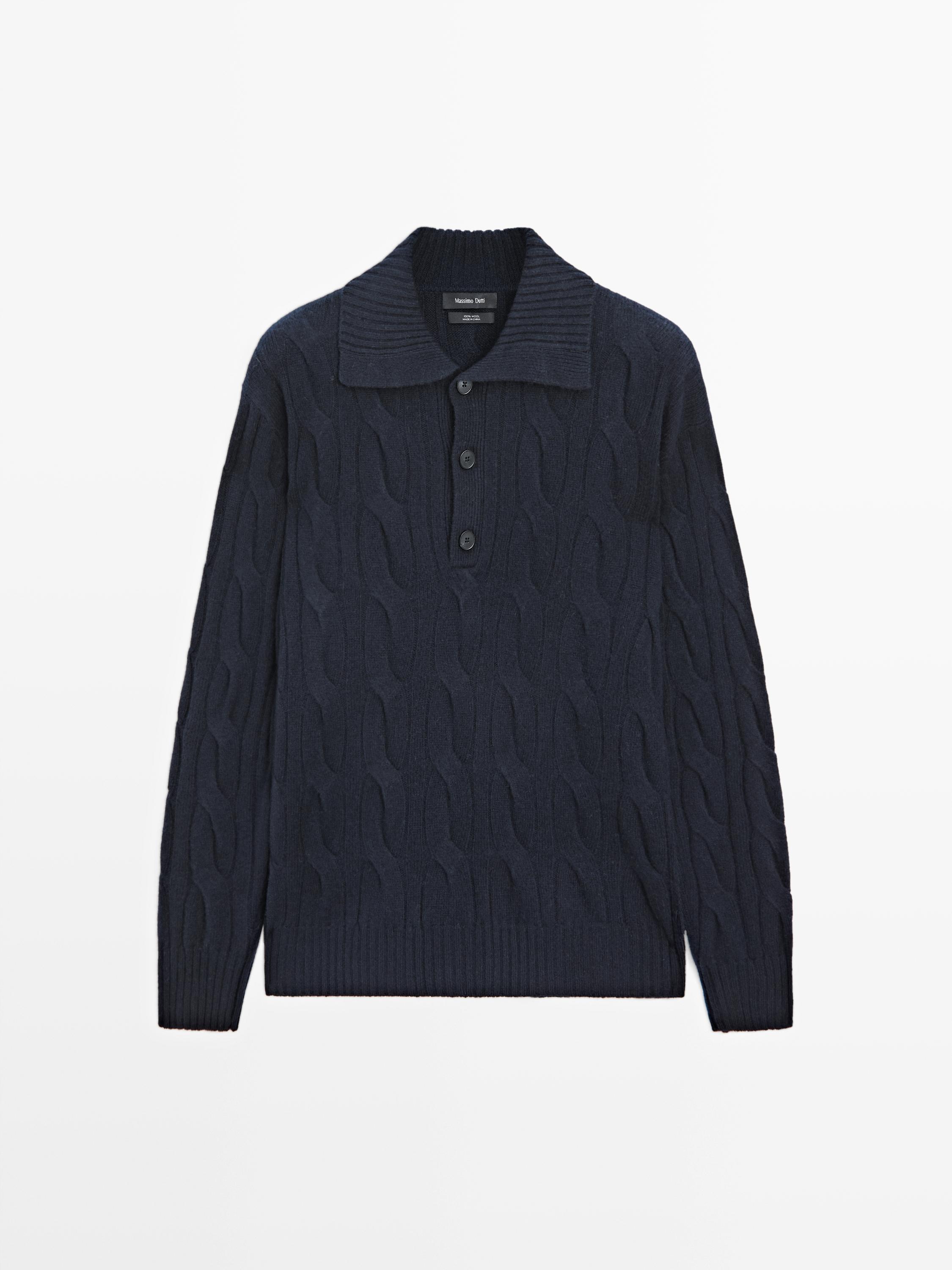 Wool cable-knit polo sweater — NAVY BLUE