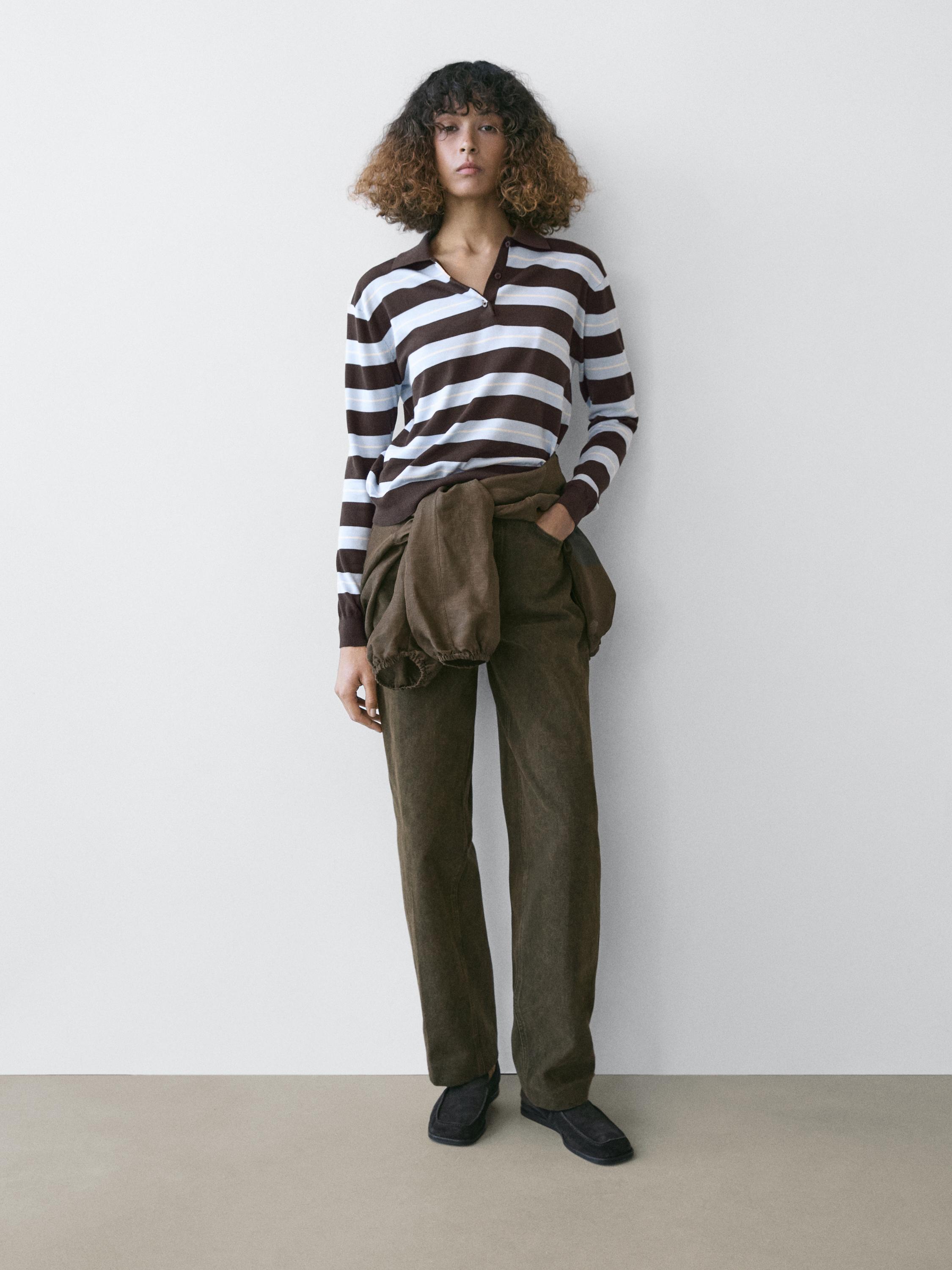 Cotton striped knit polo sweater