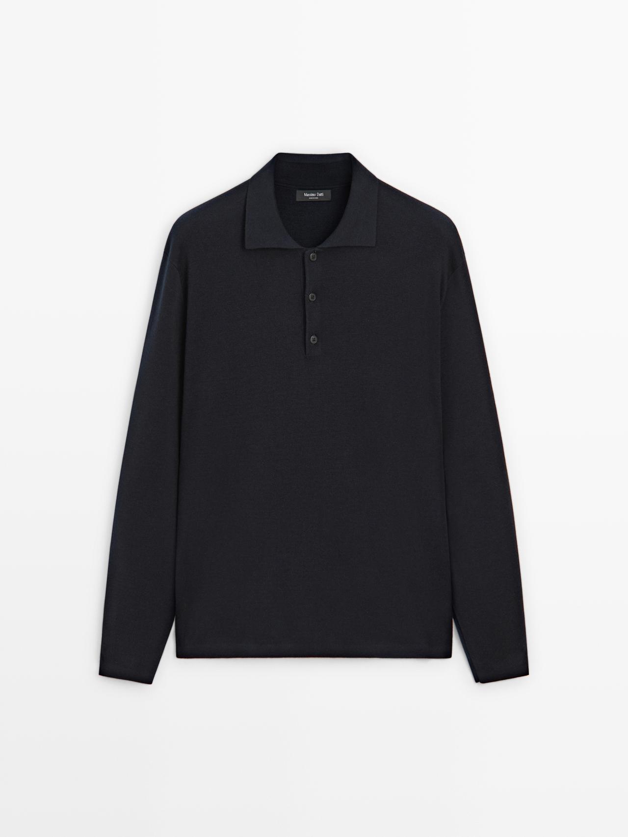 Massimo Dutti - Herre - Polotrøje I Strik Af Uld Og Bomuld - Marineblå - L
