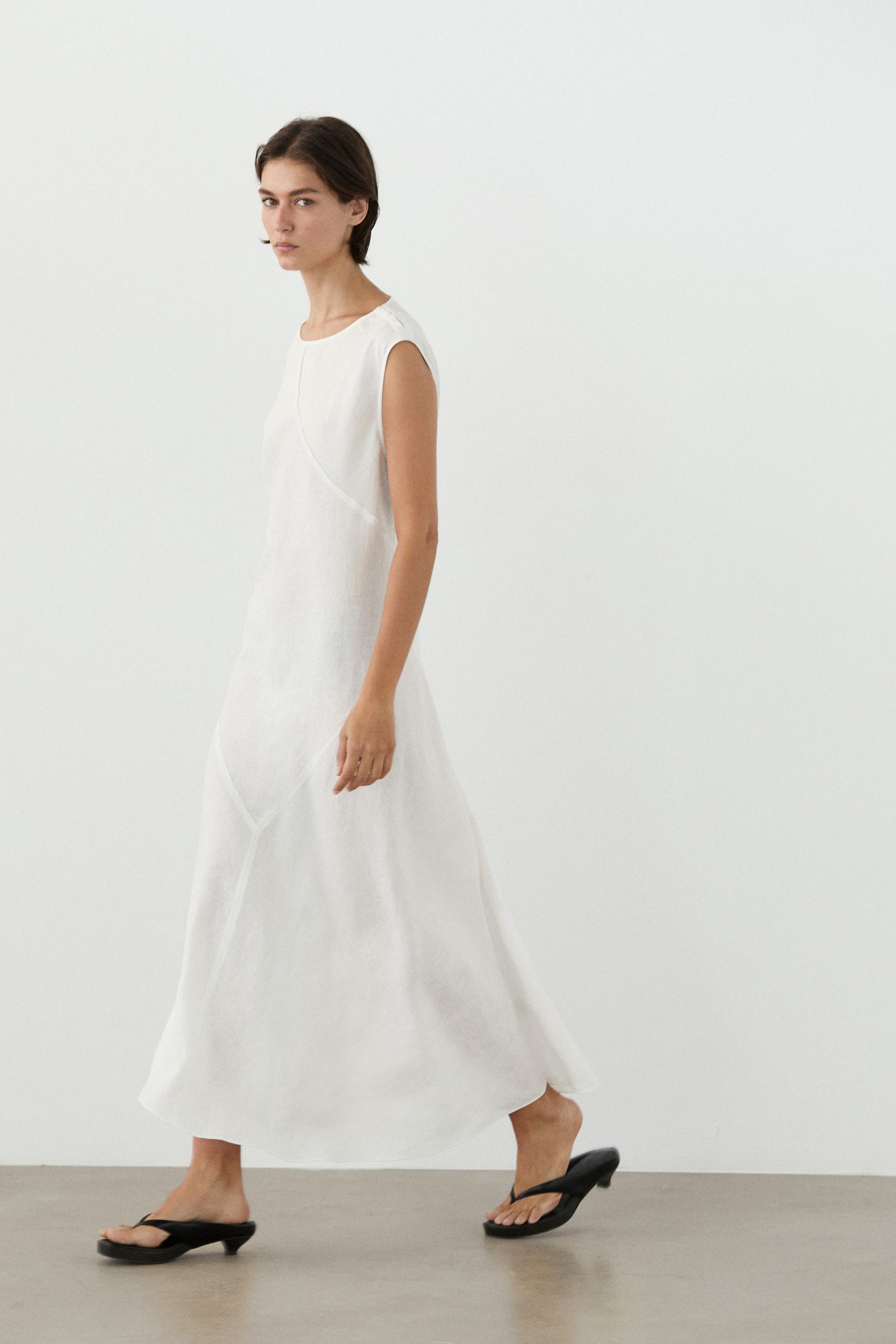 Flowing 100% linen midi dress — WHITE