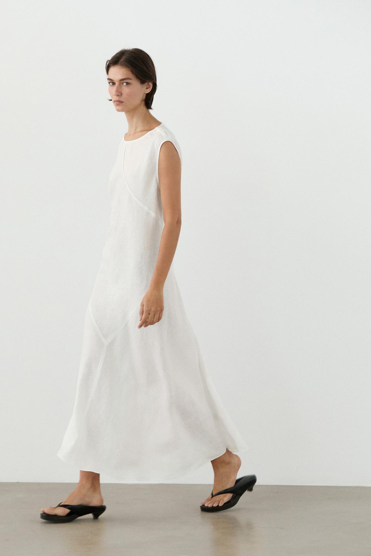 Flowing 100% linen midi dress — WHITE