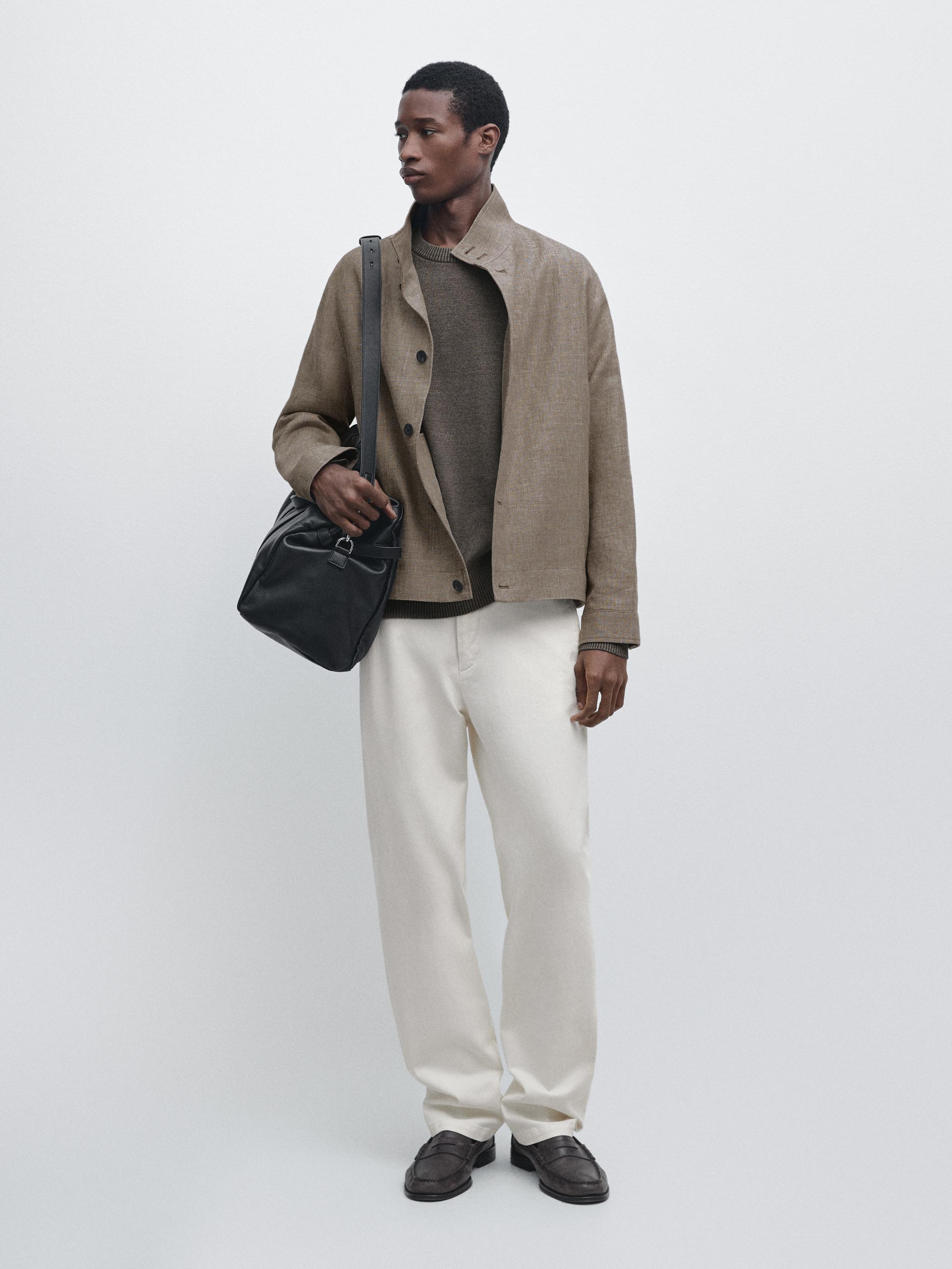 Linen blend bomber jacket with collar detail — BEIGE MARL