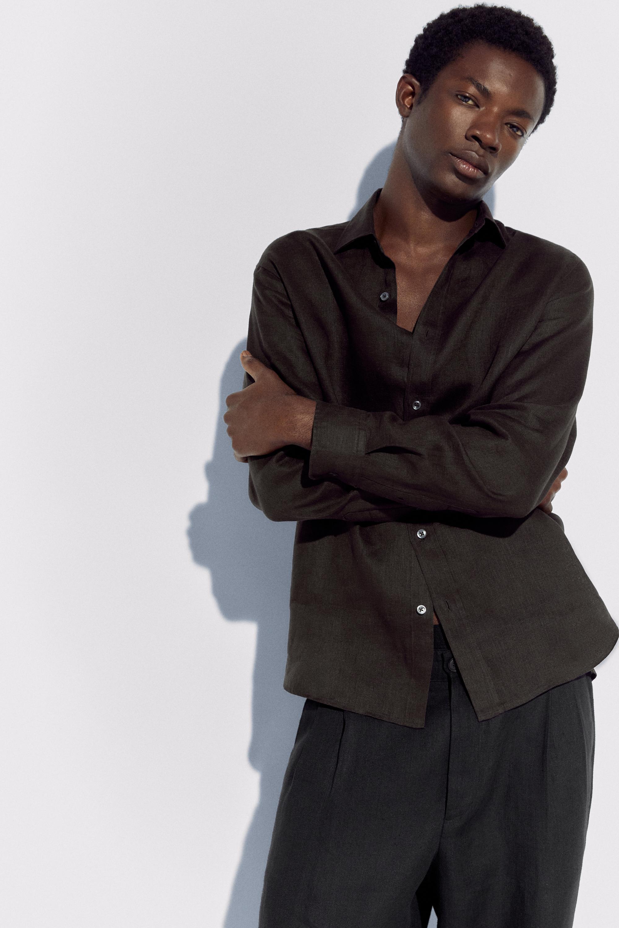 Regular fit 100% linen shirt — BROWN