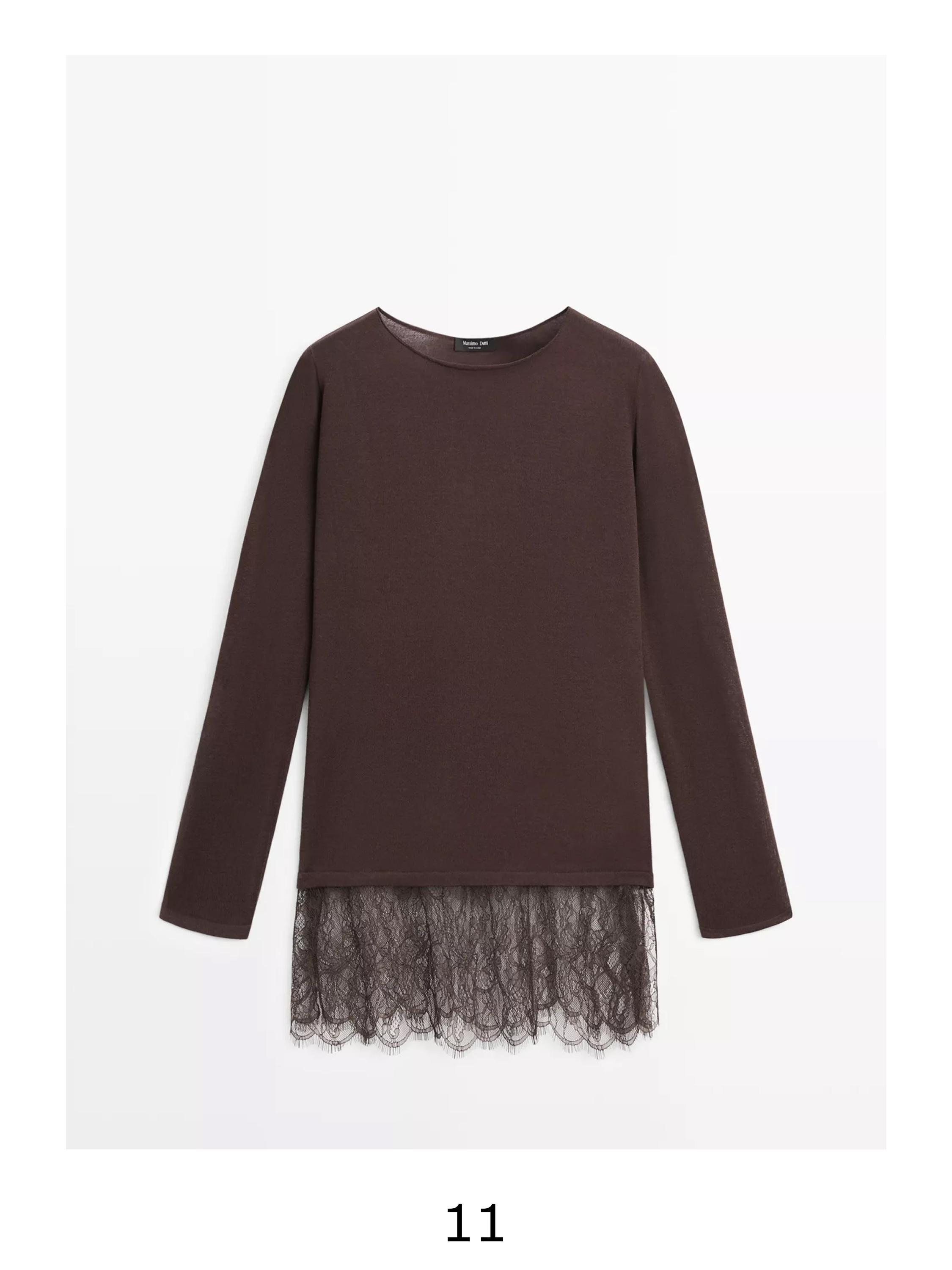 Long sleeve T-shirt with lace detail — BROWN