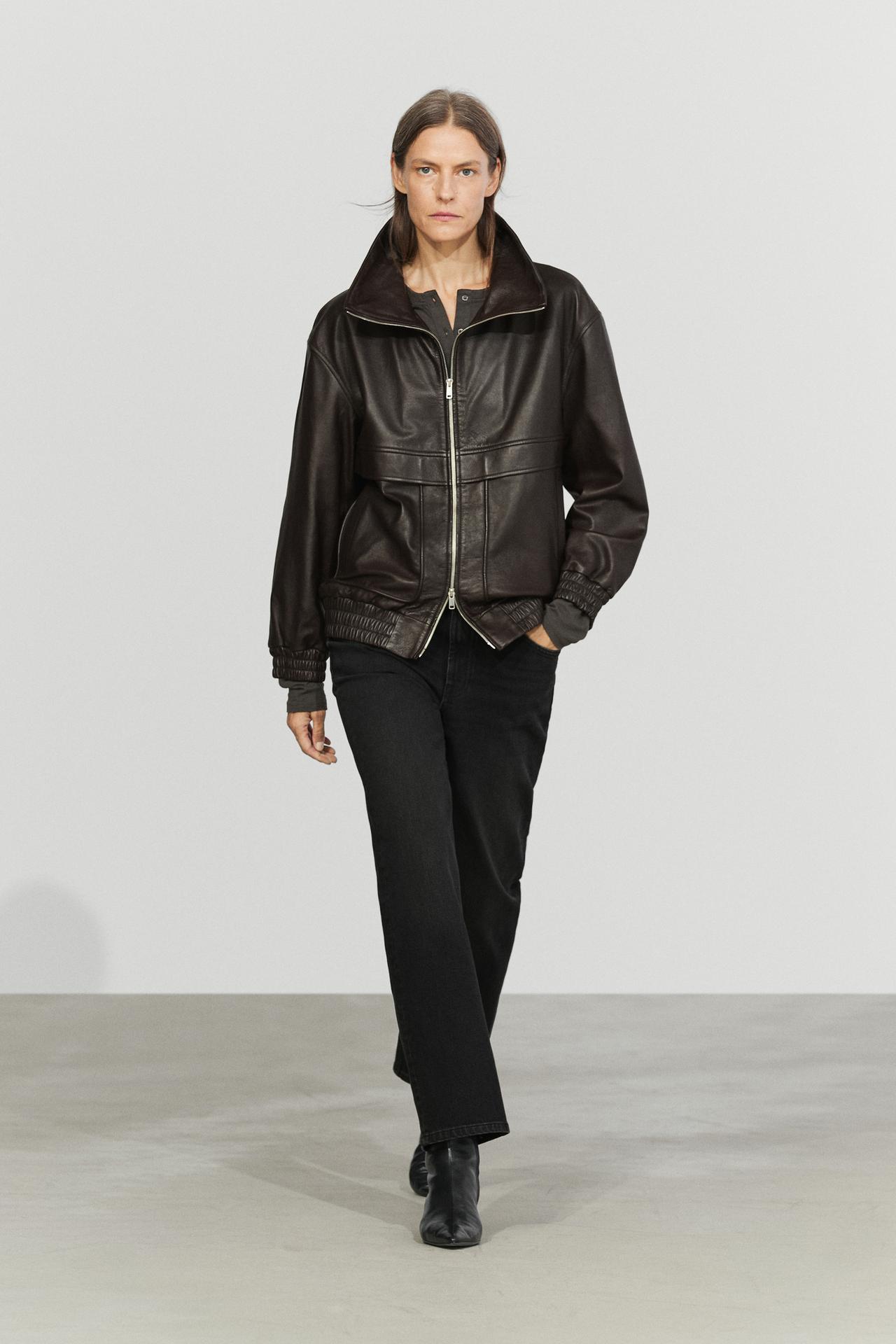 Nappa leather zip bomber jacket — BROWN