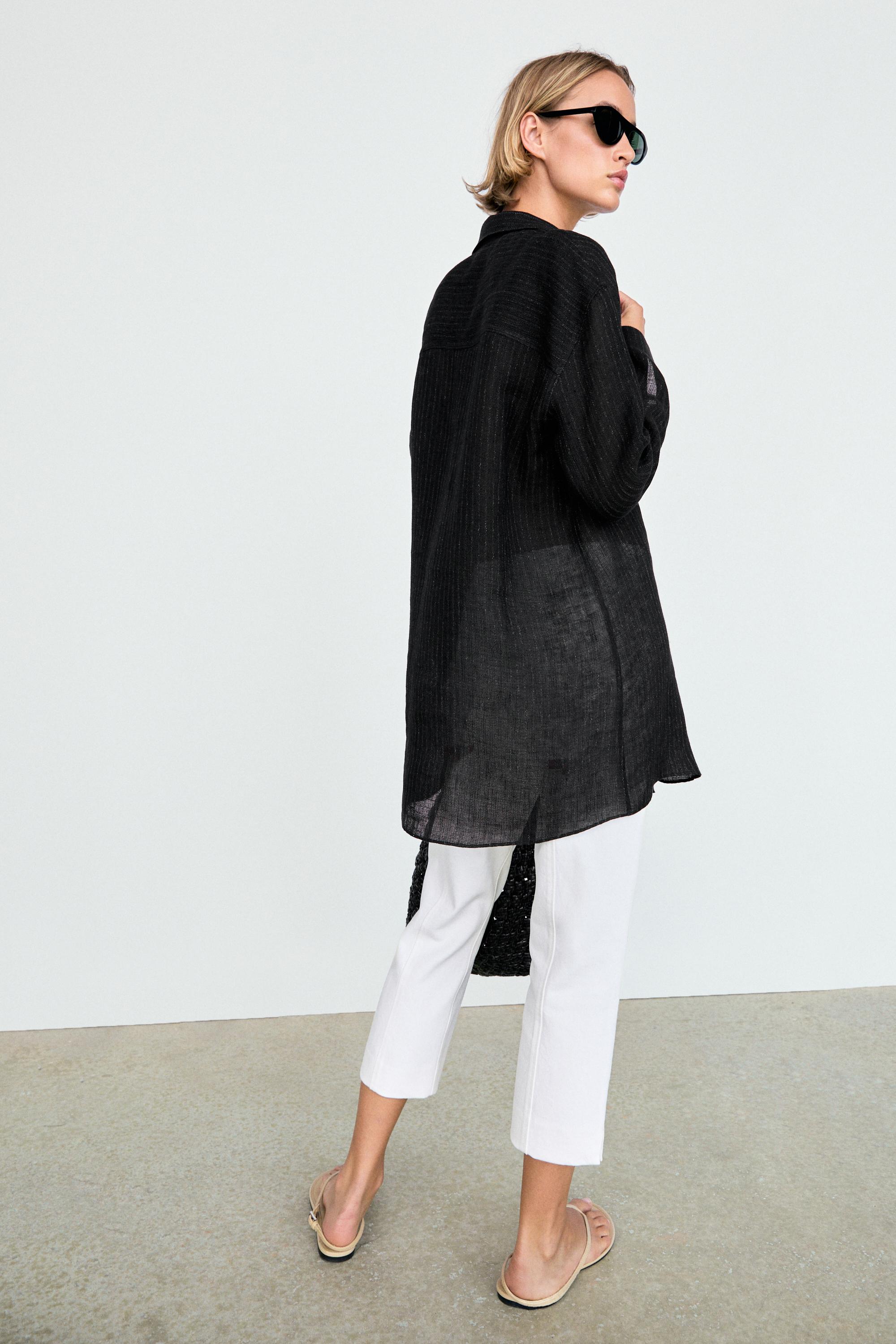 Striped linen blend oversize blouse with button detail — BLACK