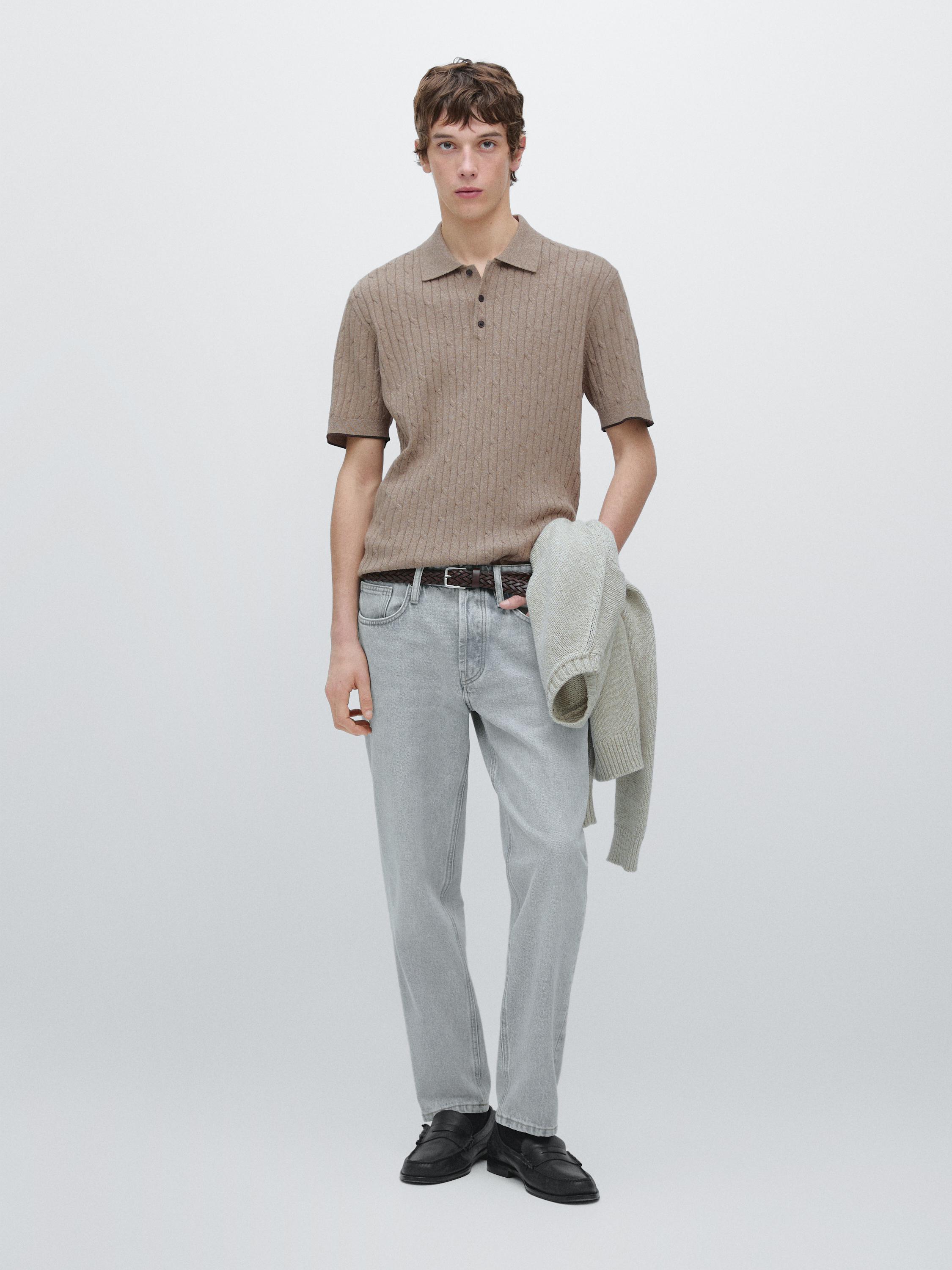 Cotton blend cable-knit polo sweater