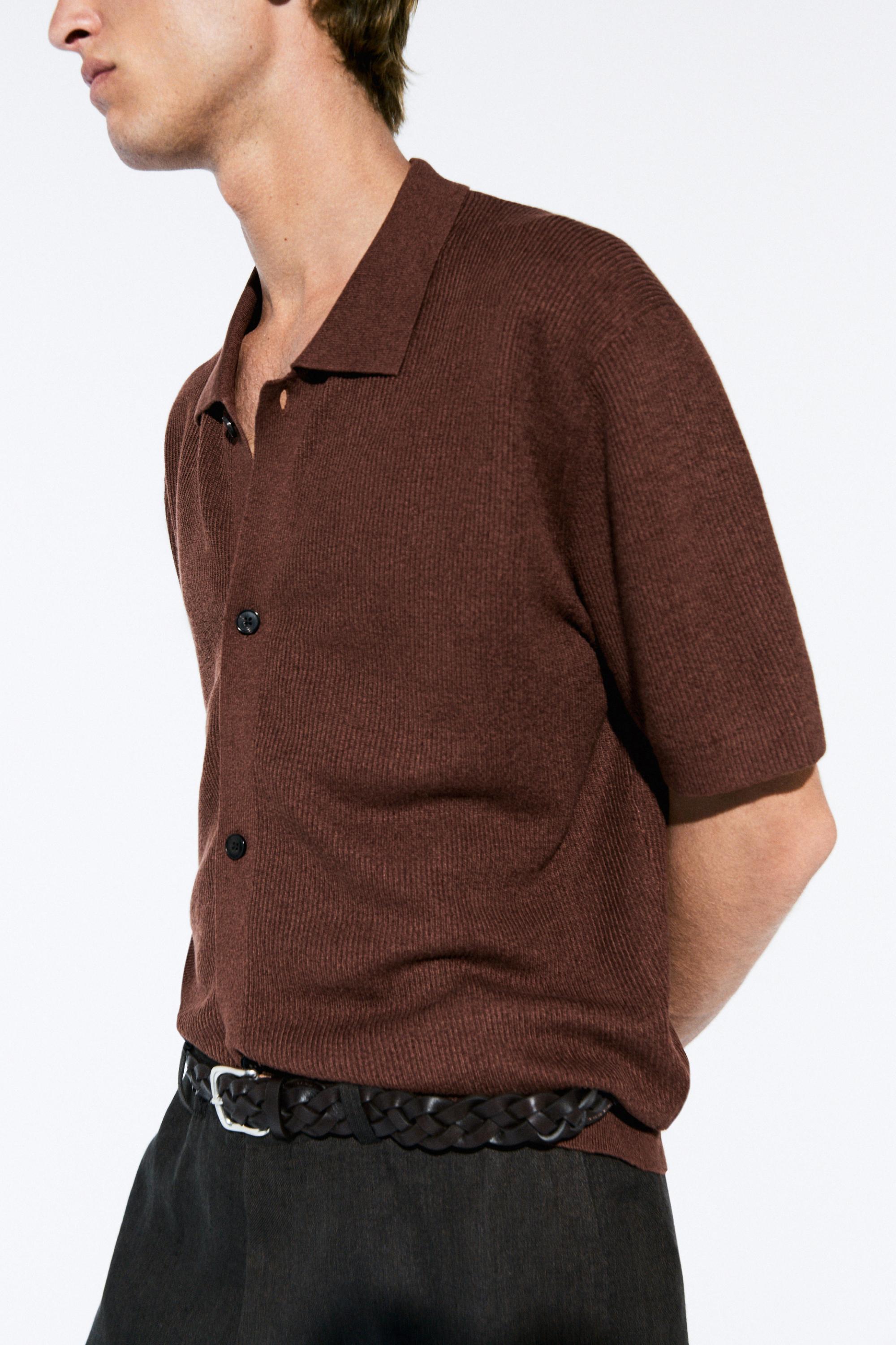 Linen blend knit shirt-collar polo — TERRA COTA