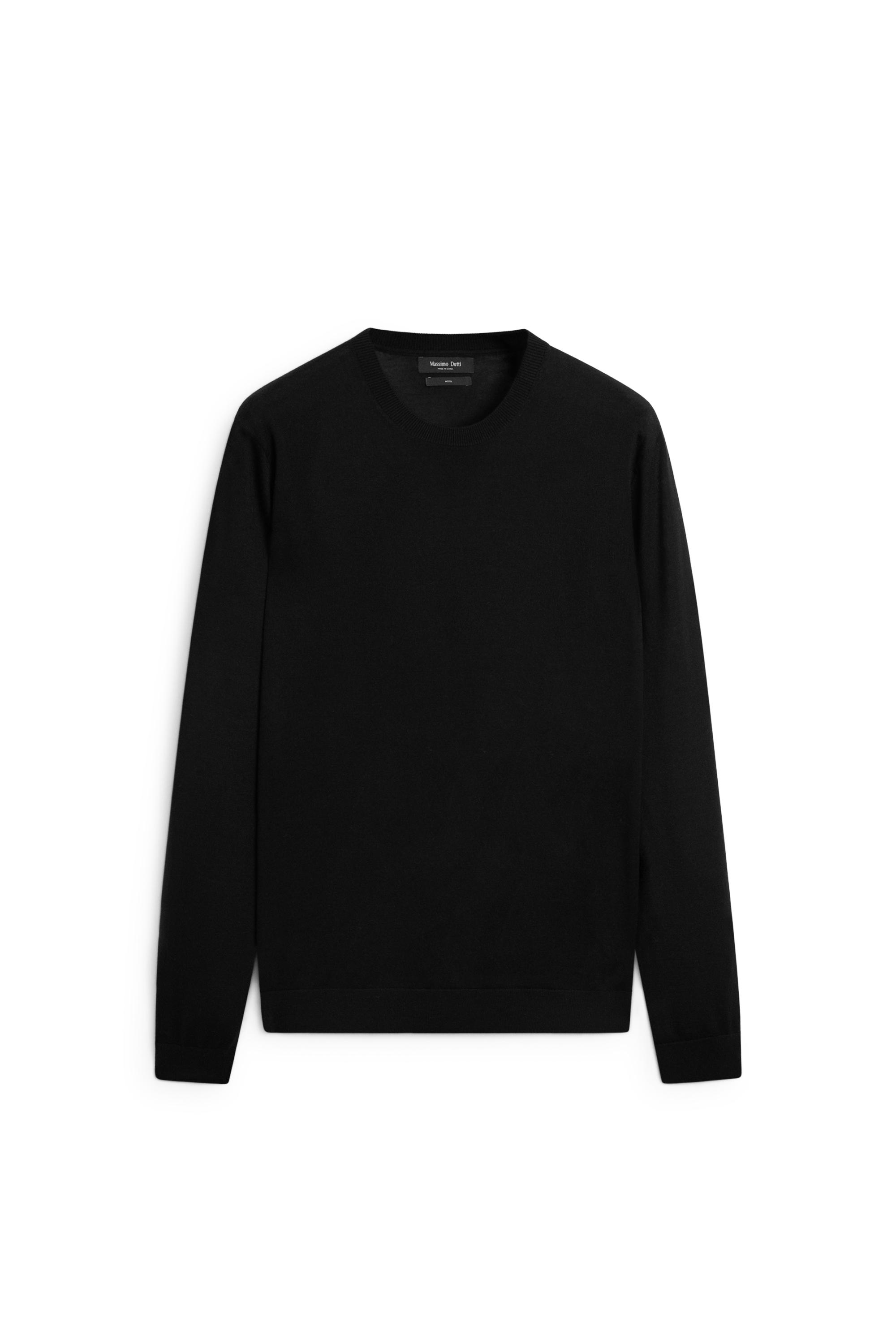 100% merino wool knit round neck sweater — BLACK