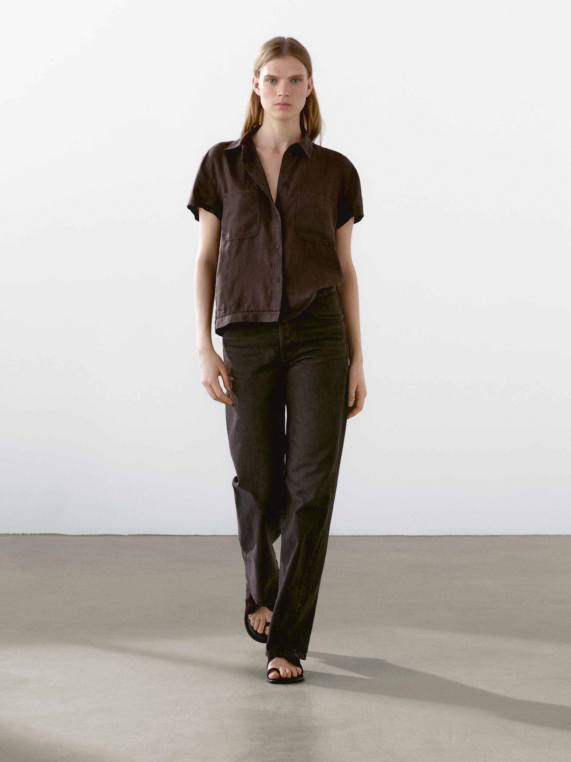Koszula Z Krótkim Rękawem Ze 100% Lnu - Brązowy - Xs - Massimo Dutti - Kobieta
