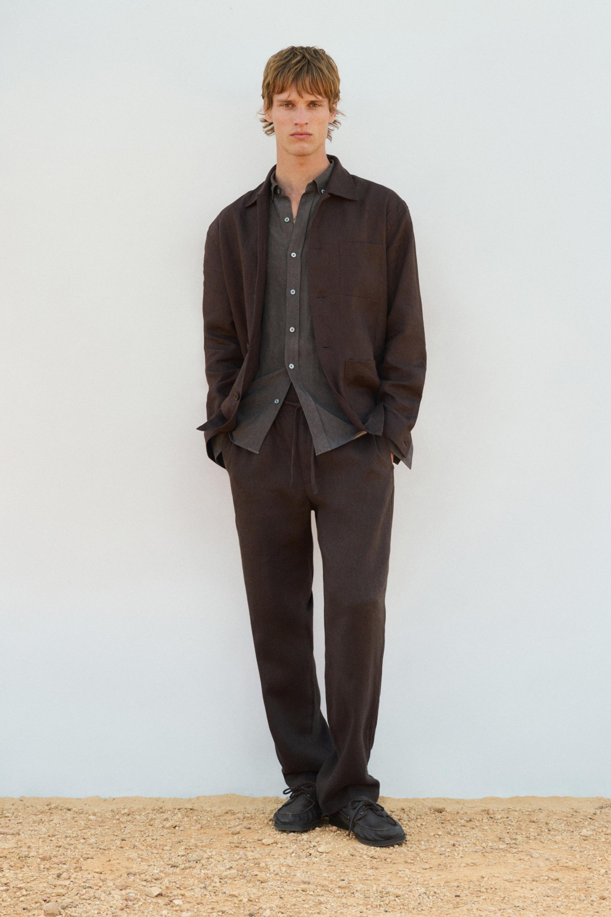 Linen total look overshirt with pocket details — BROWN