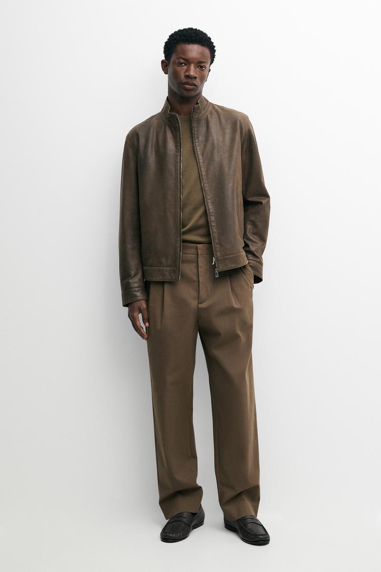 Nappa leather jacket with collar detail — Khaki