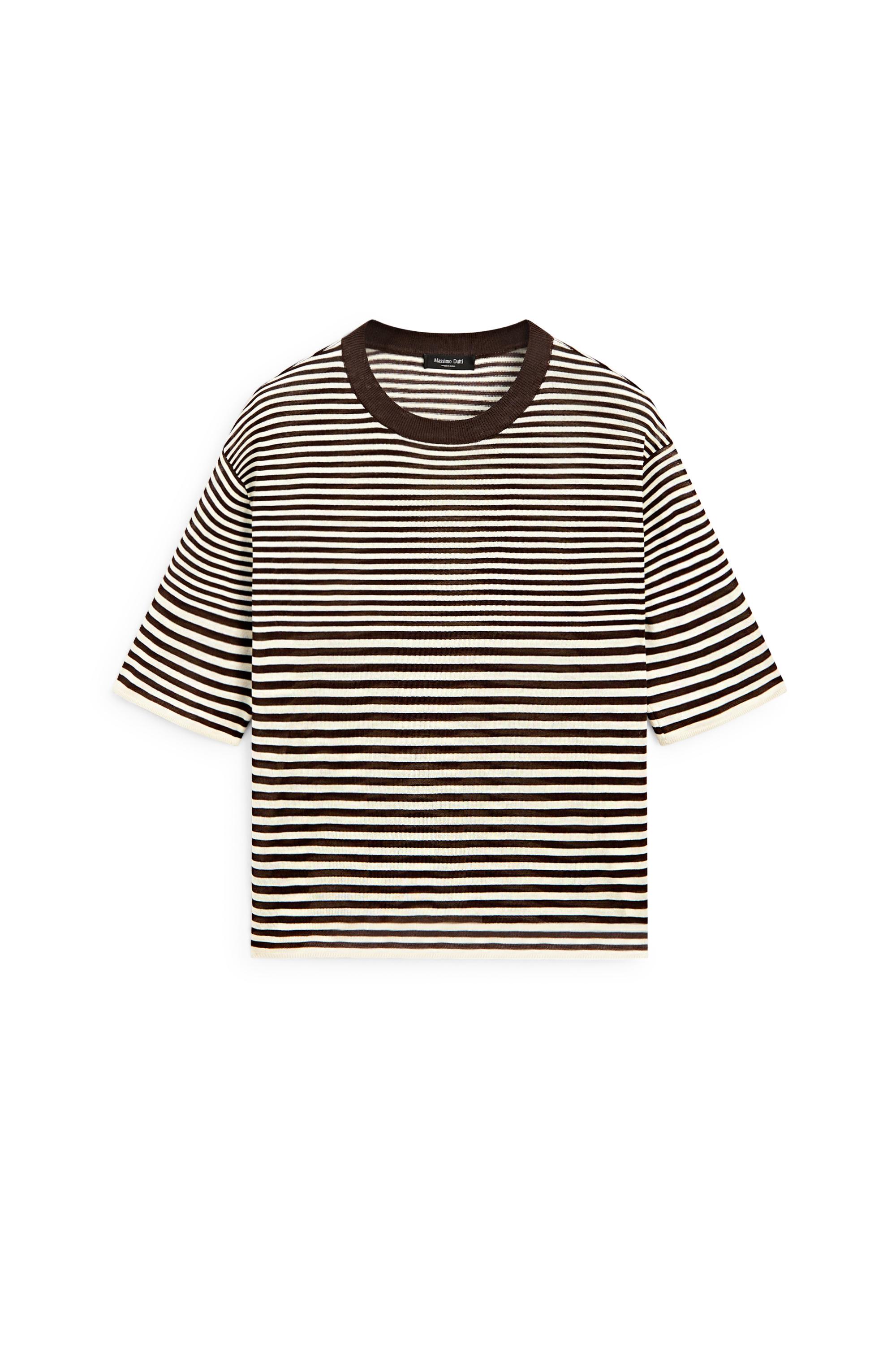 100% cotton short sleeve striped T-shirt — BROWN
