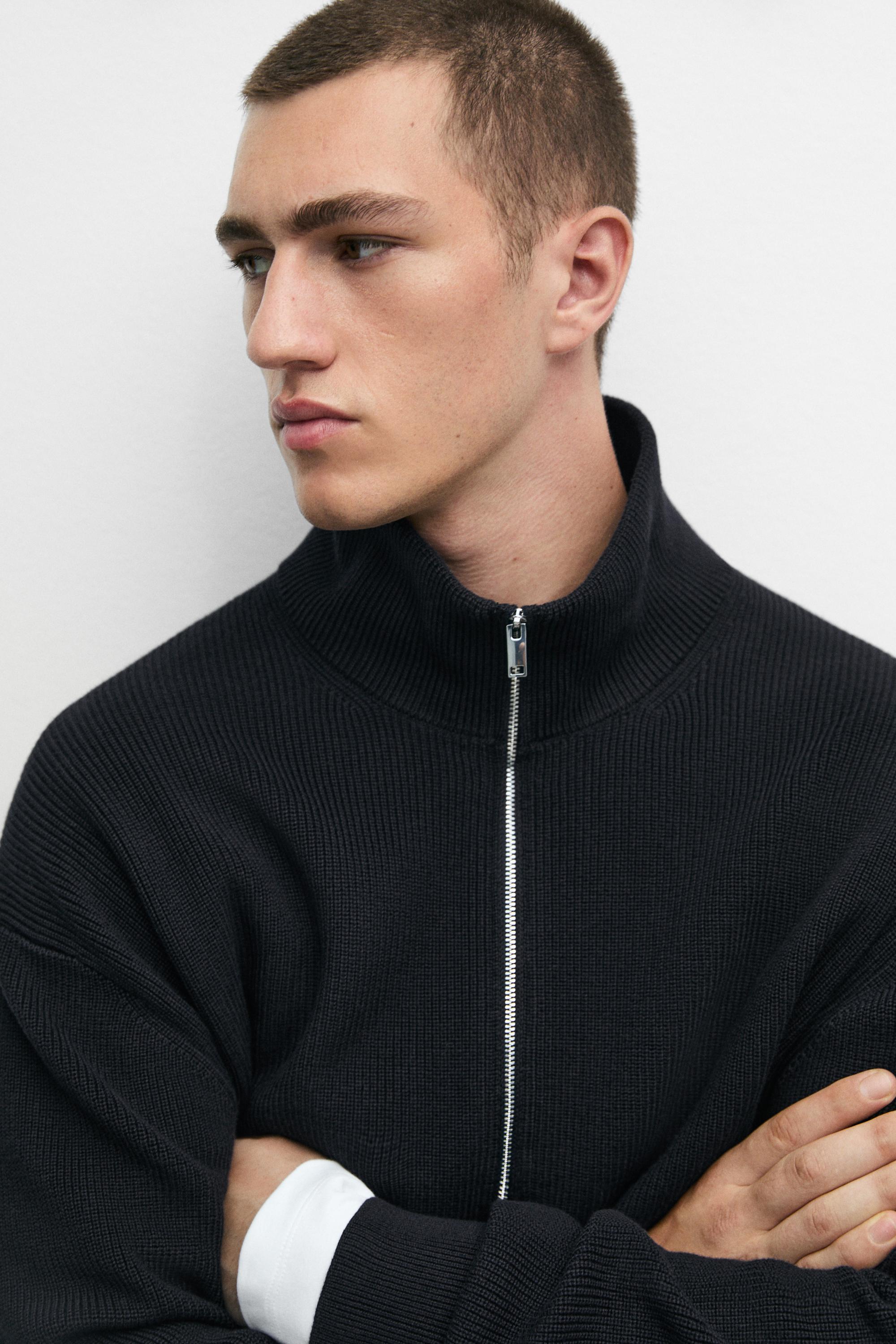 100% cotton ribbed knit cardigan — NAVY BLUE