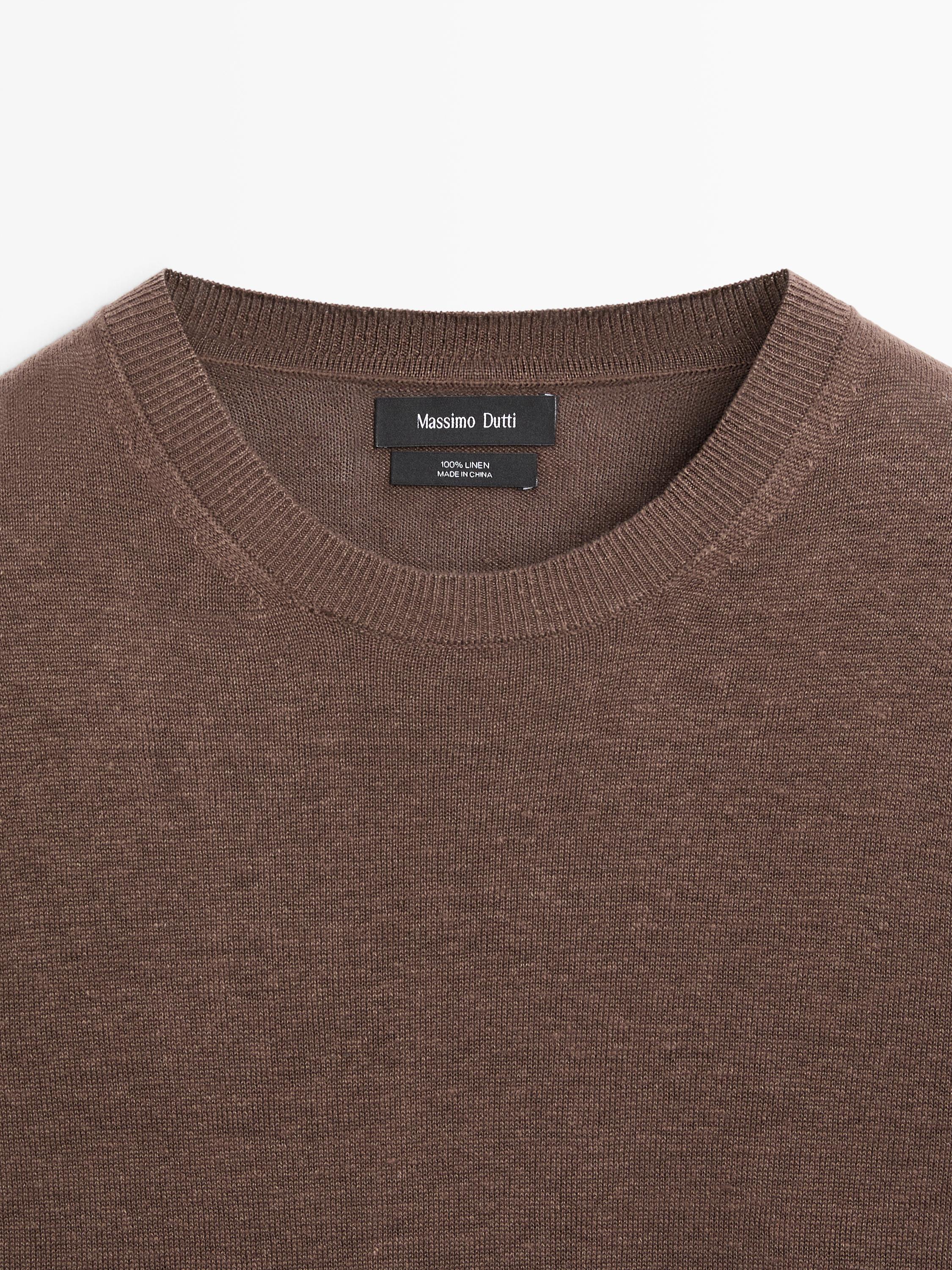 100% linen knit crew neck sweater — Reddish brown