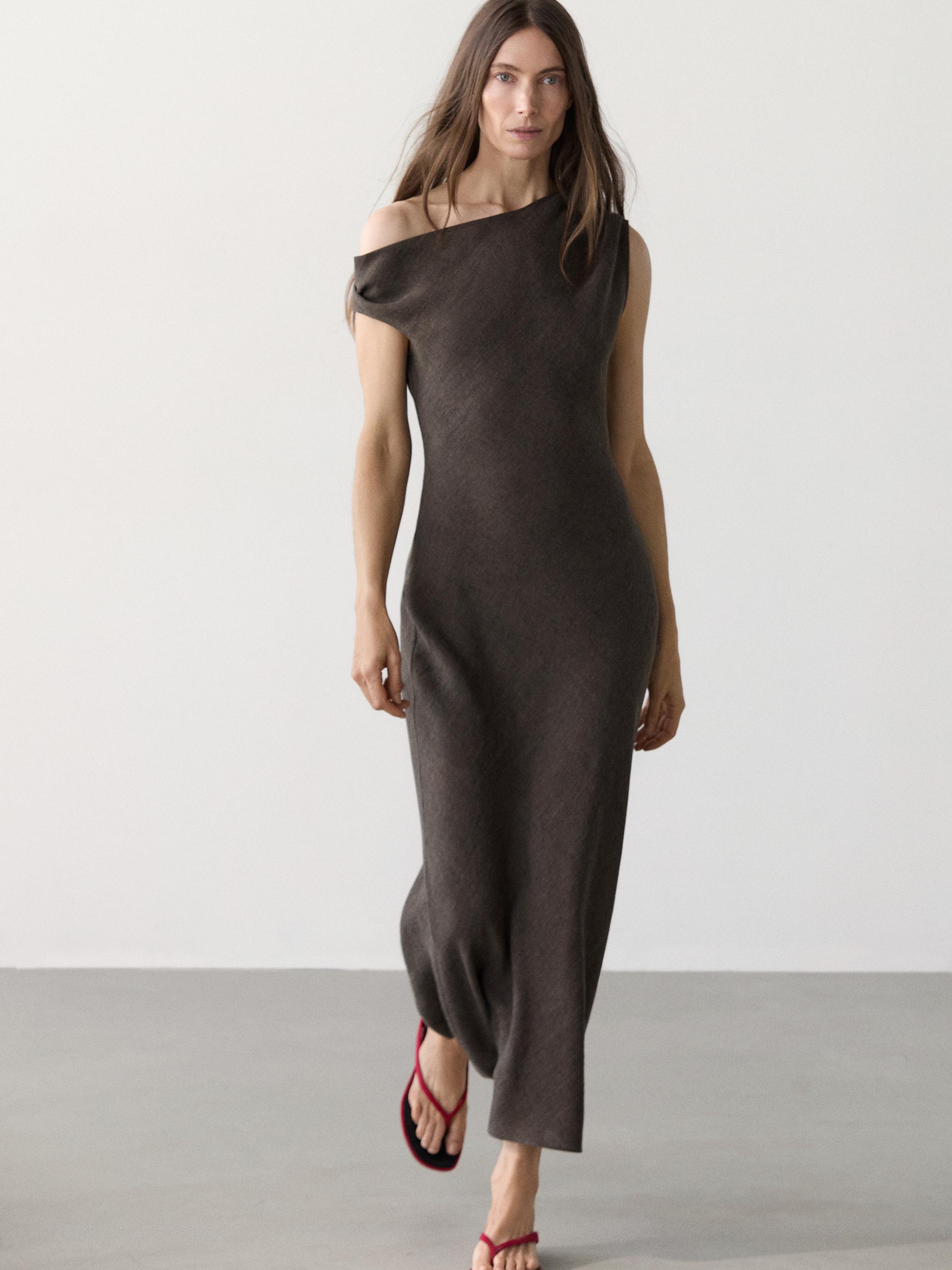 Midi dress with pleated shoulder detail — DARK GREY