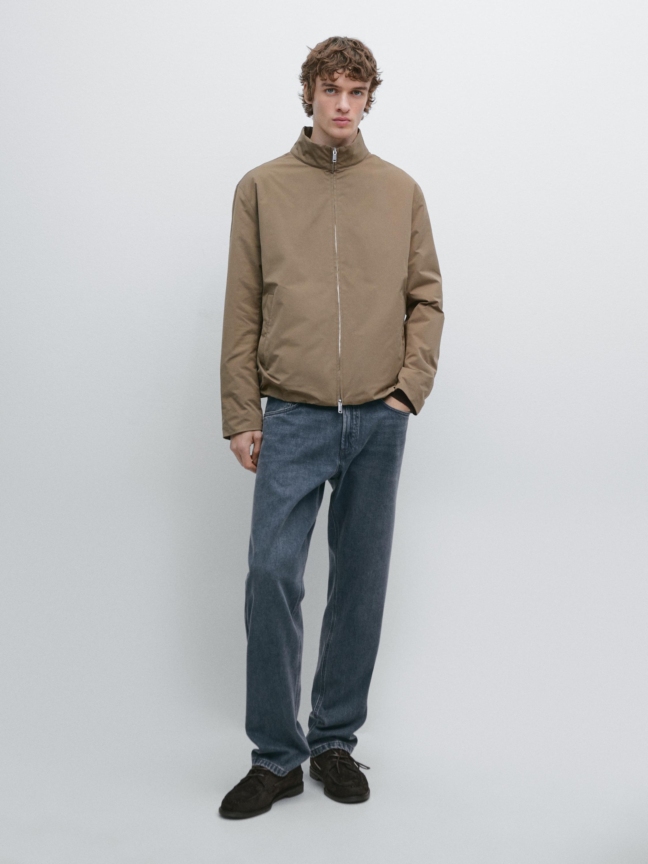 Water-repellent puffer jacket with high neck — PALE KHAKI