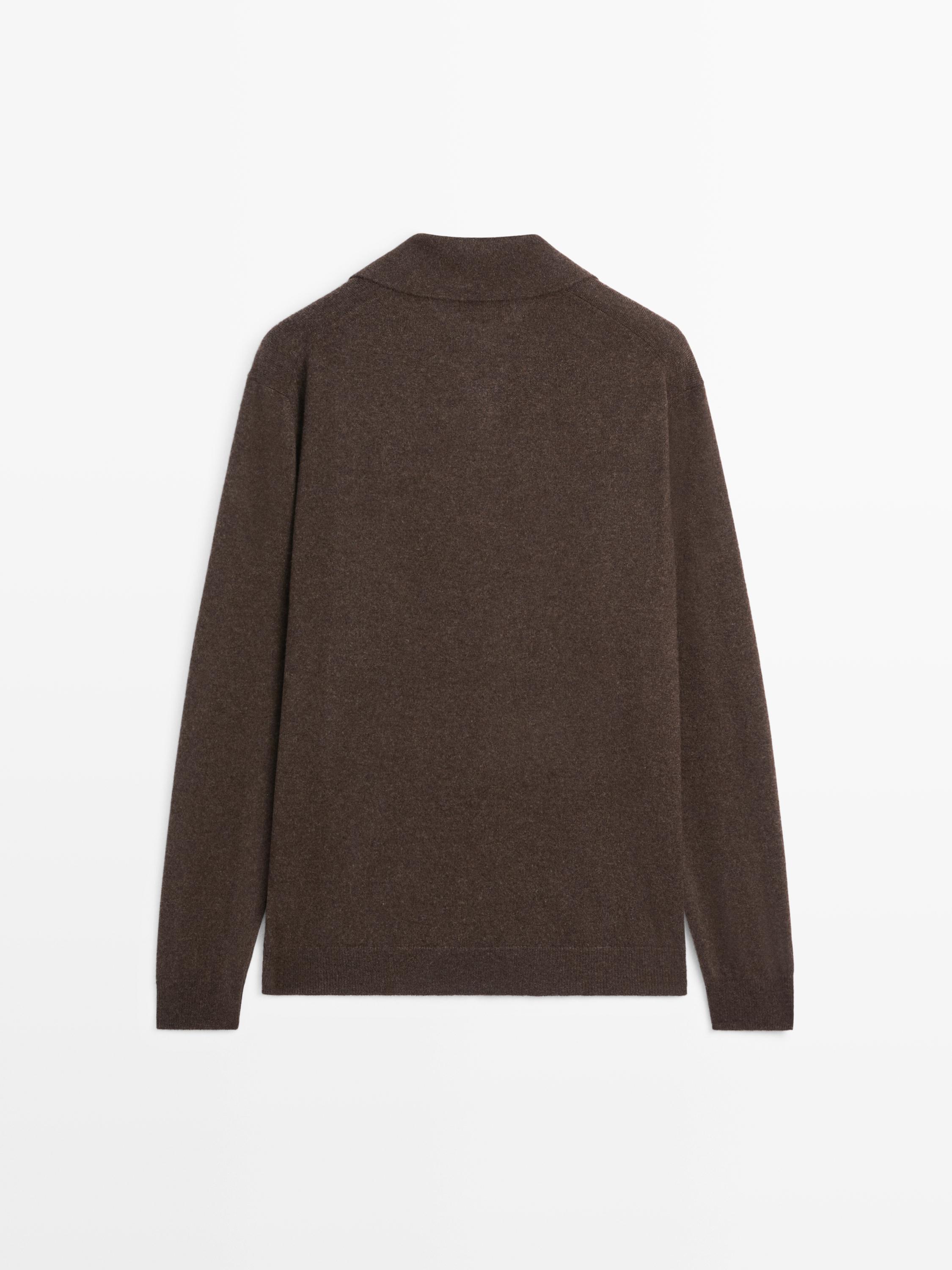 100% cashmere knit polo collar sweater — BROWN MARL
