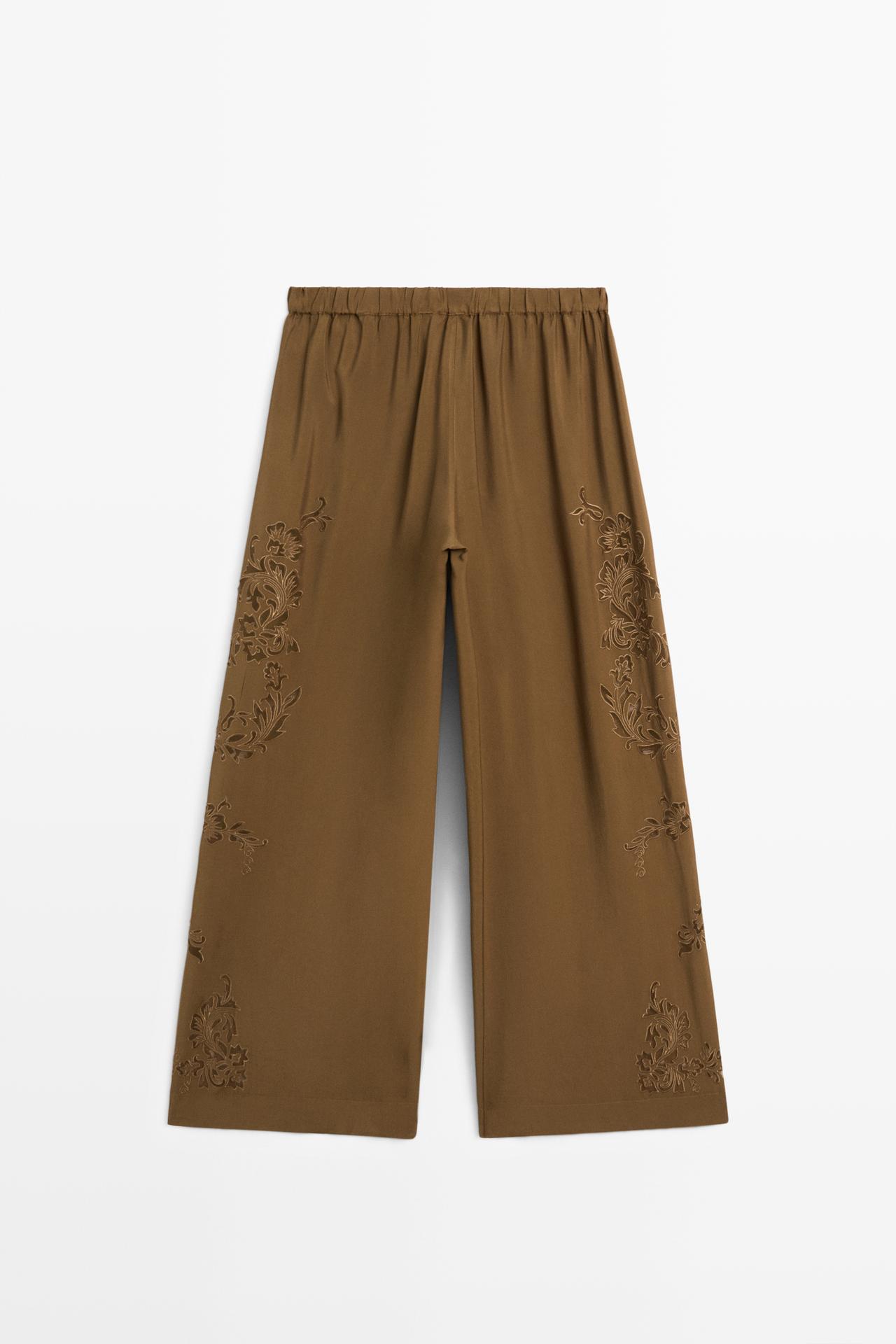 Flowing wide-leg pants with embroidery details — KHAKI