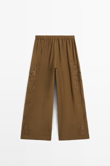 Flowing wide-leg pants with embroidery details — KHAKI 6