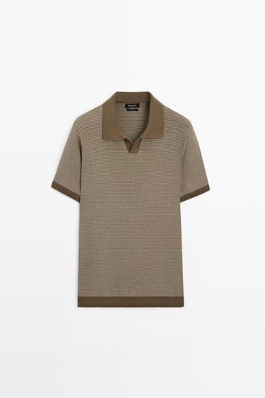 100% cotton contrast knit polo sweater — KHAKI 2