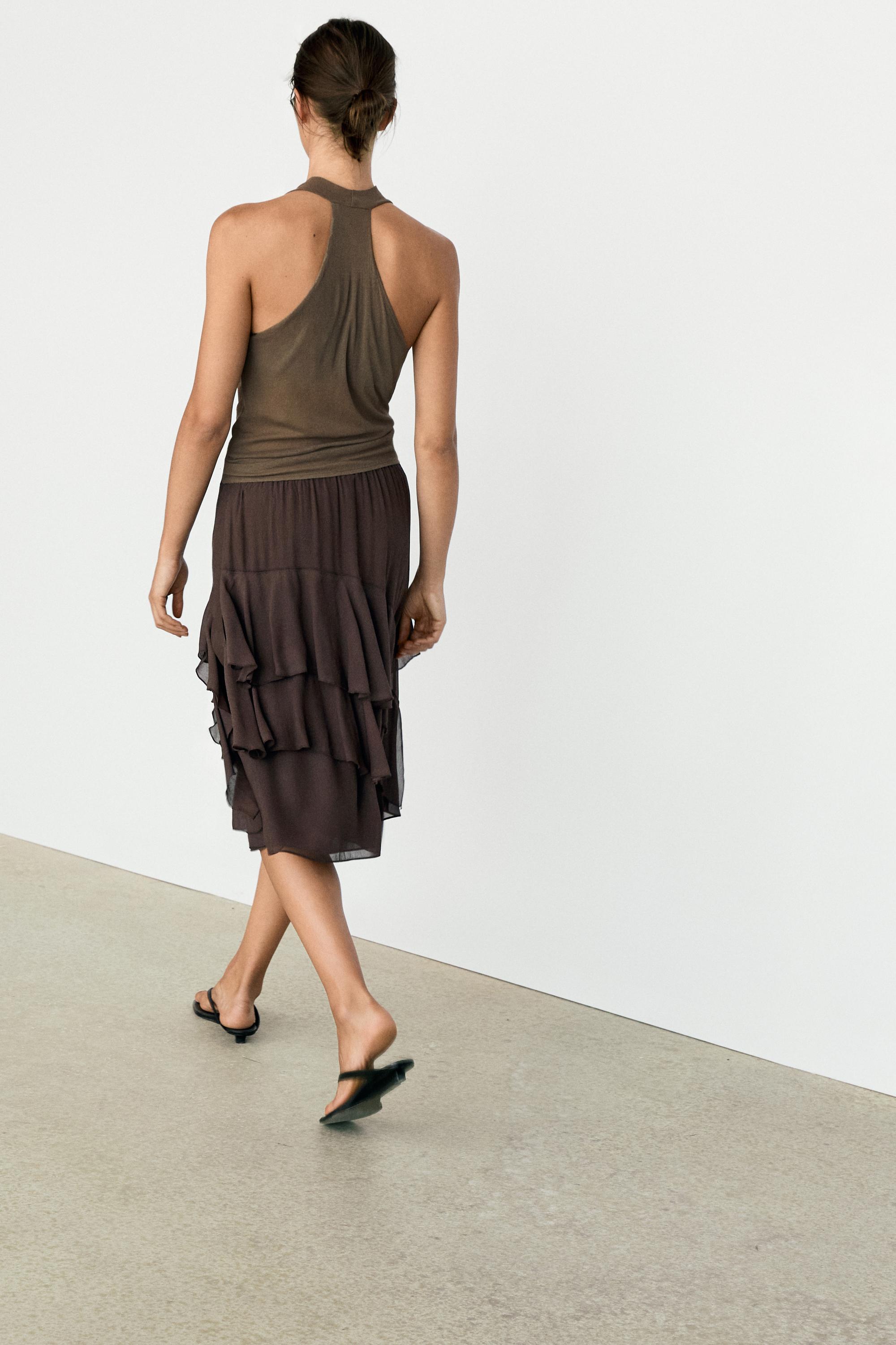 Flowing ruffled midi skirt — Chocolate