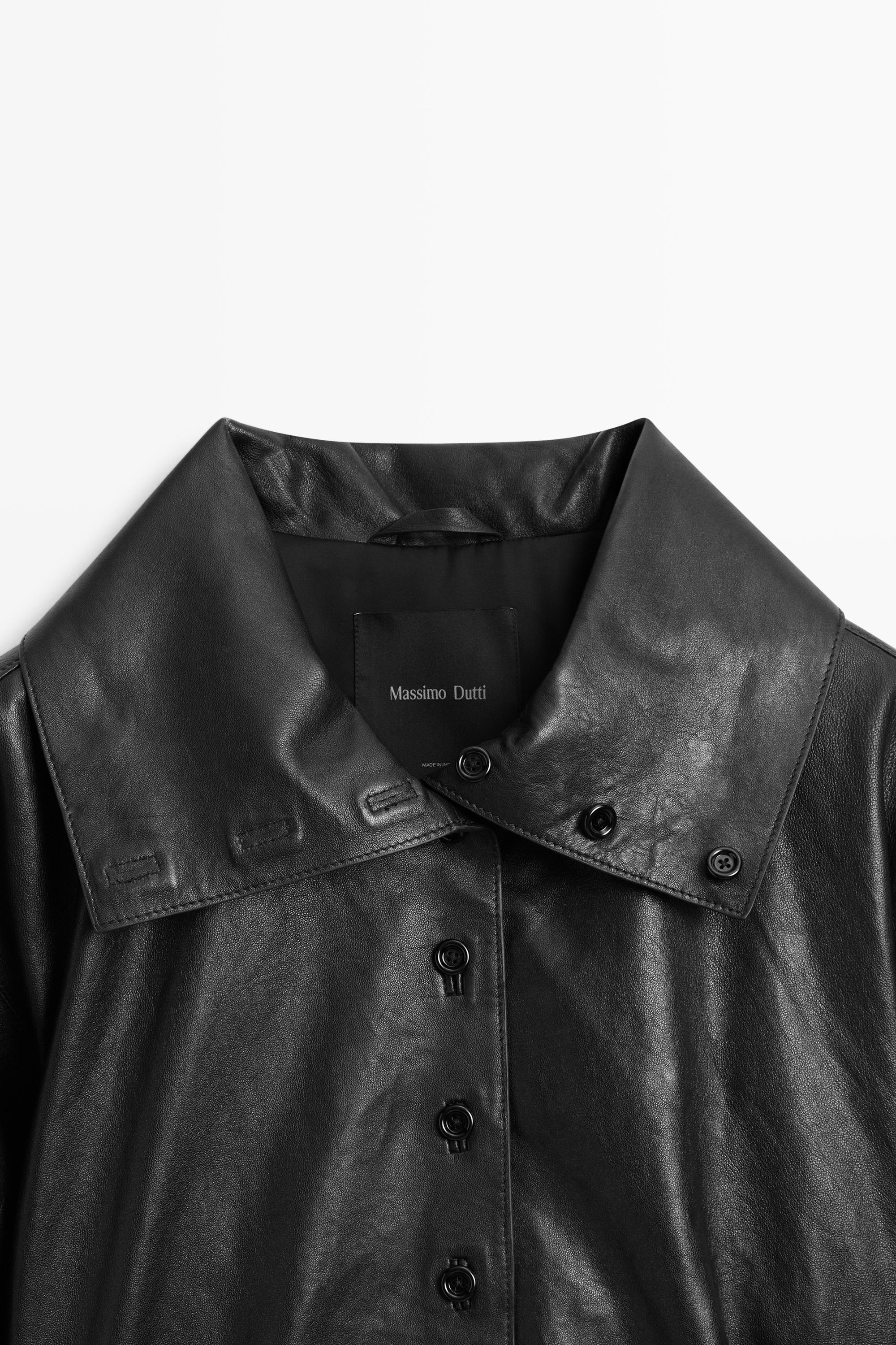 Nappa leather bomber jacket with button detail — BLACK
