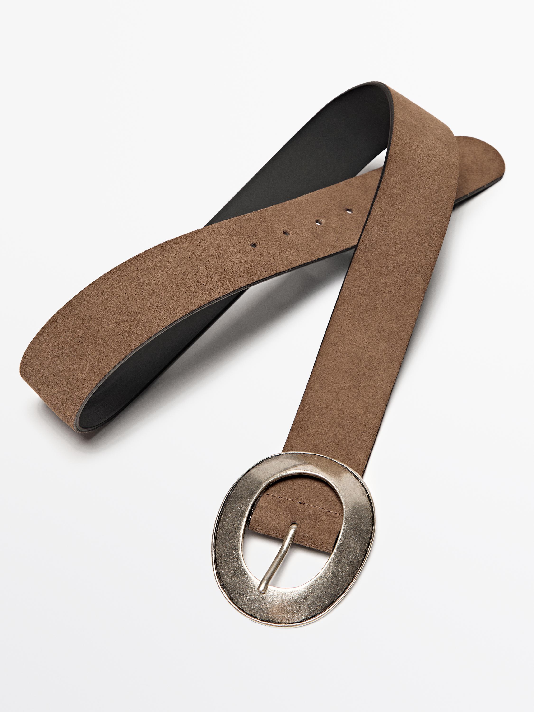 Split leather belt with oval buckle
