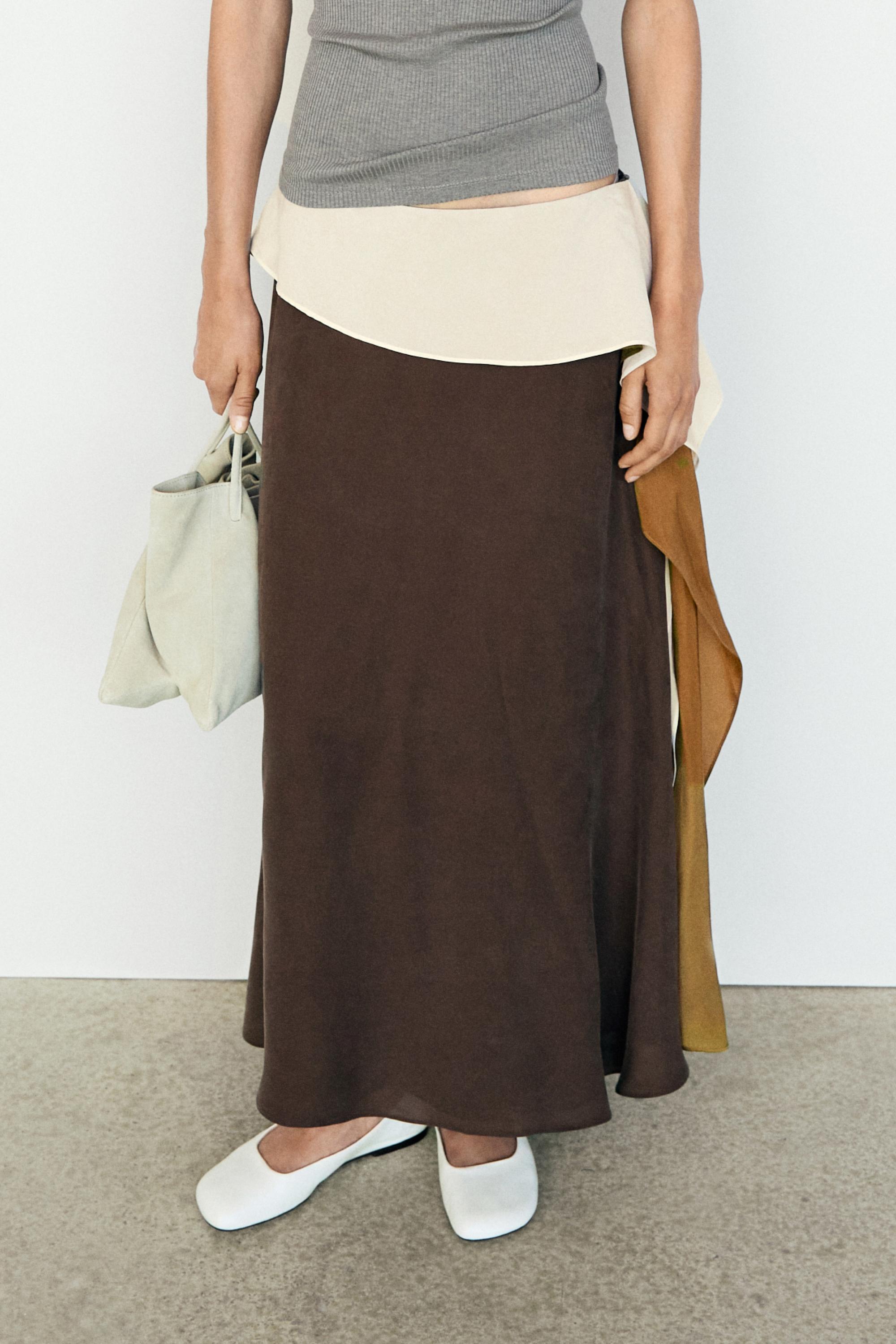 Contrast Ruffle Midi Skirt — BROWN