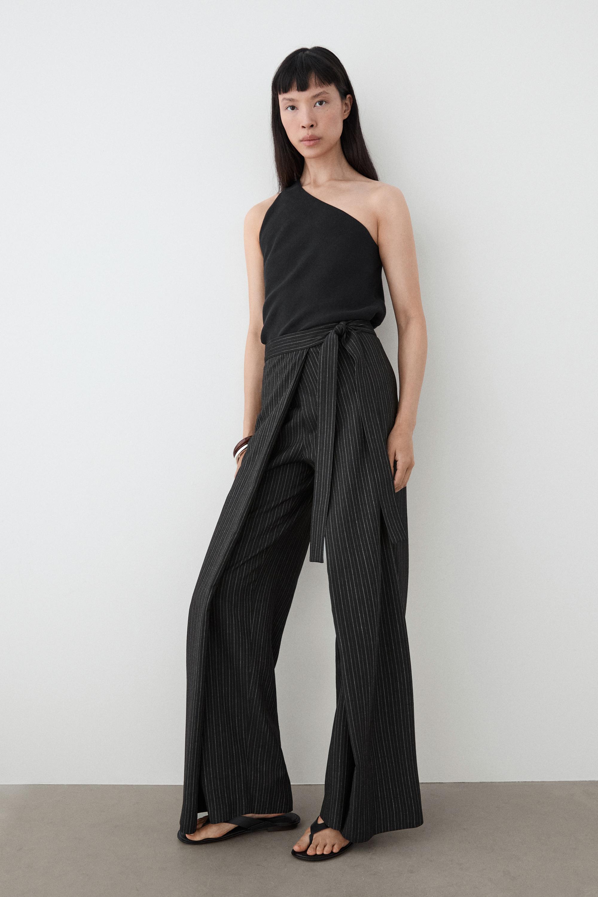 Striped trousers with wrap-style bow detail — BLACK