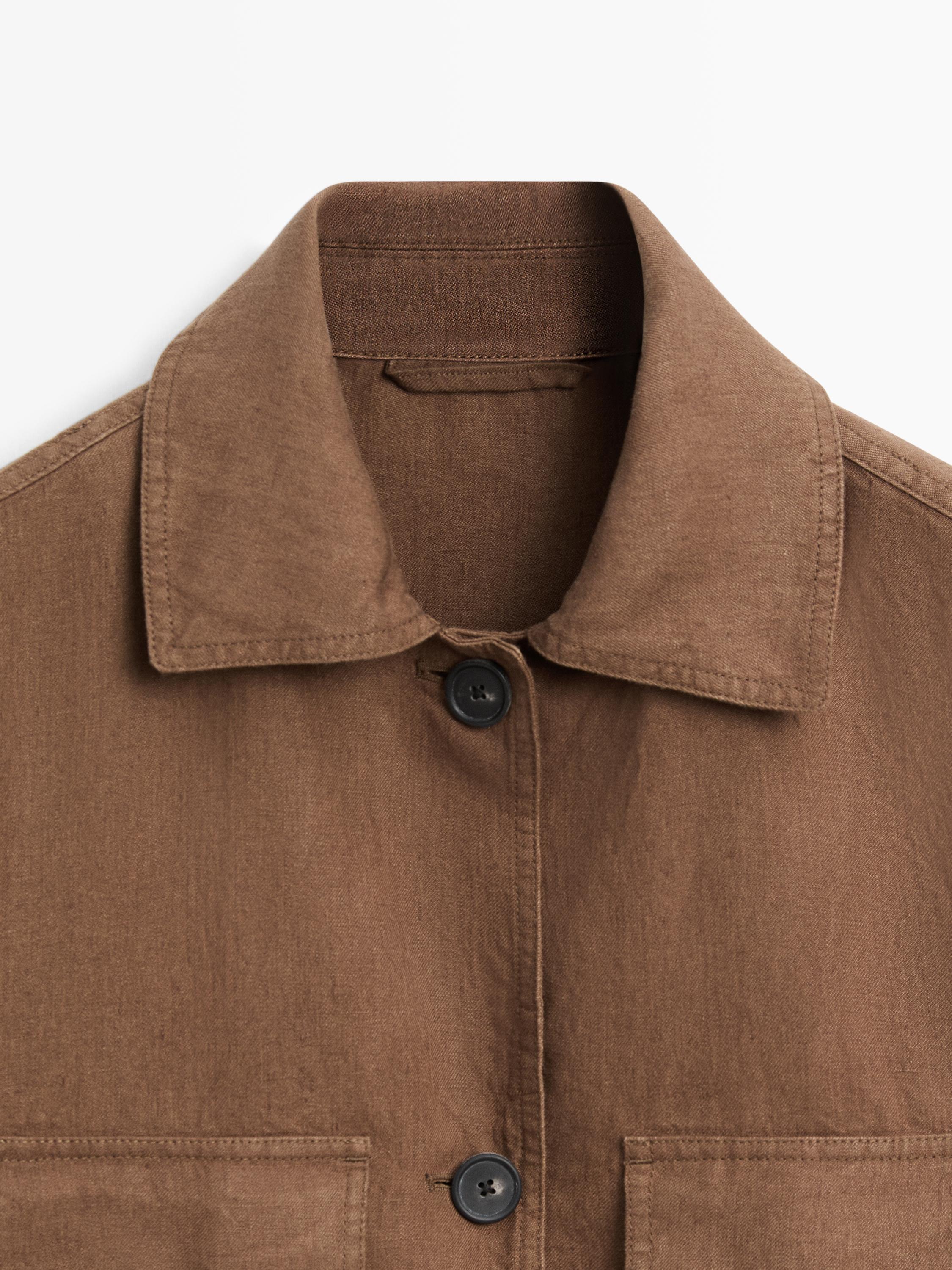100% linen blazer with pockets and belt detail — BROWN