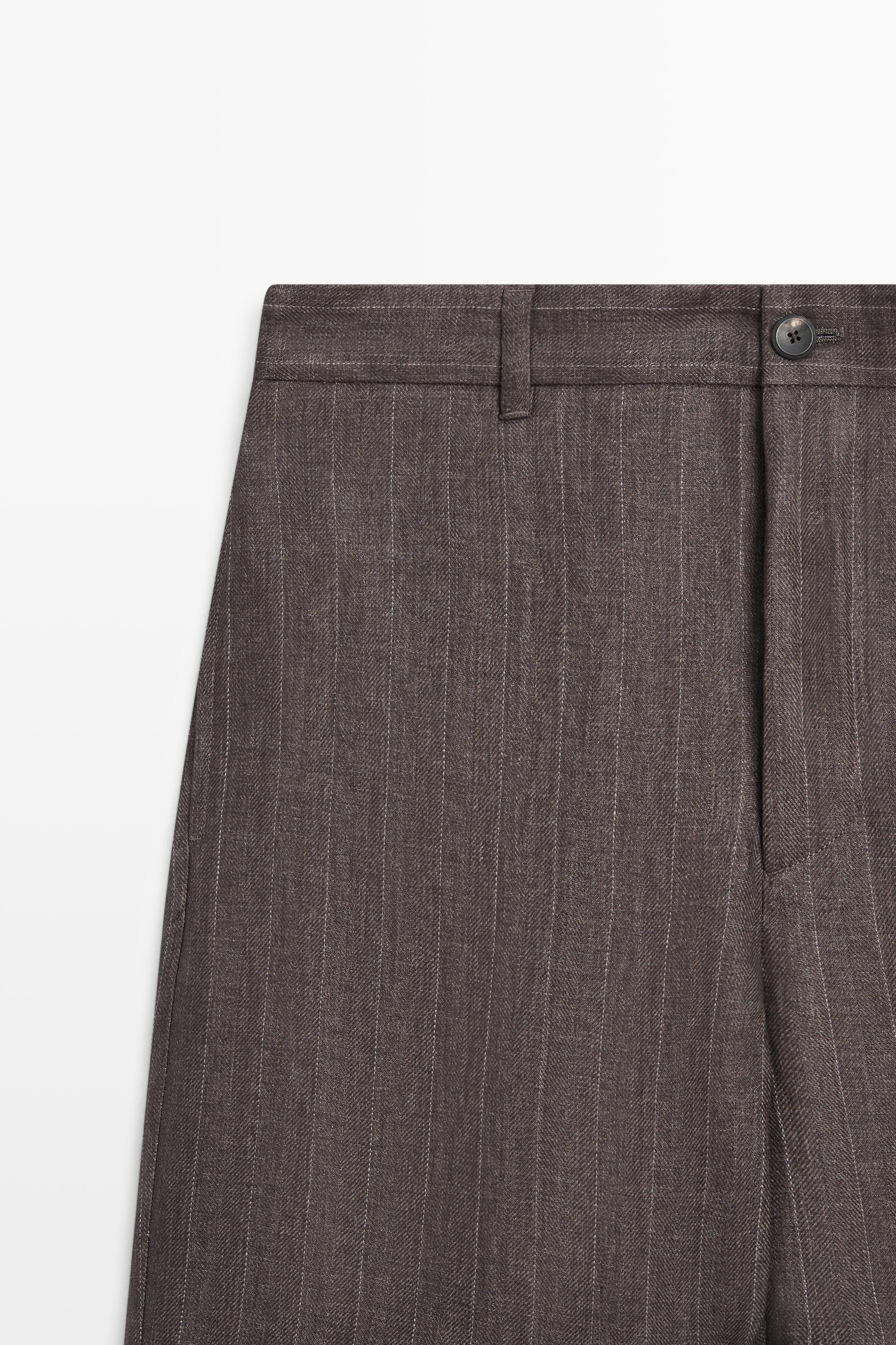 100% linen striped straight-leg pants — BROWN