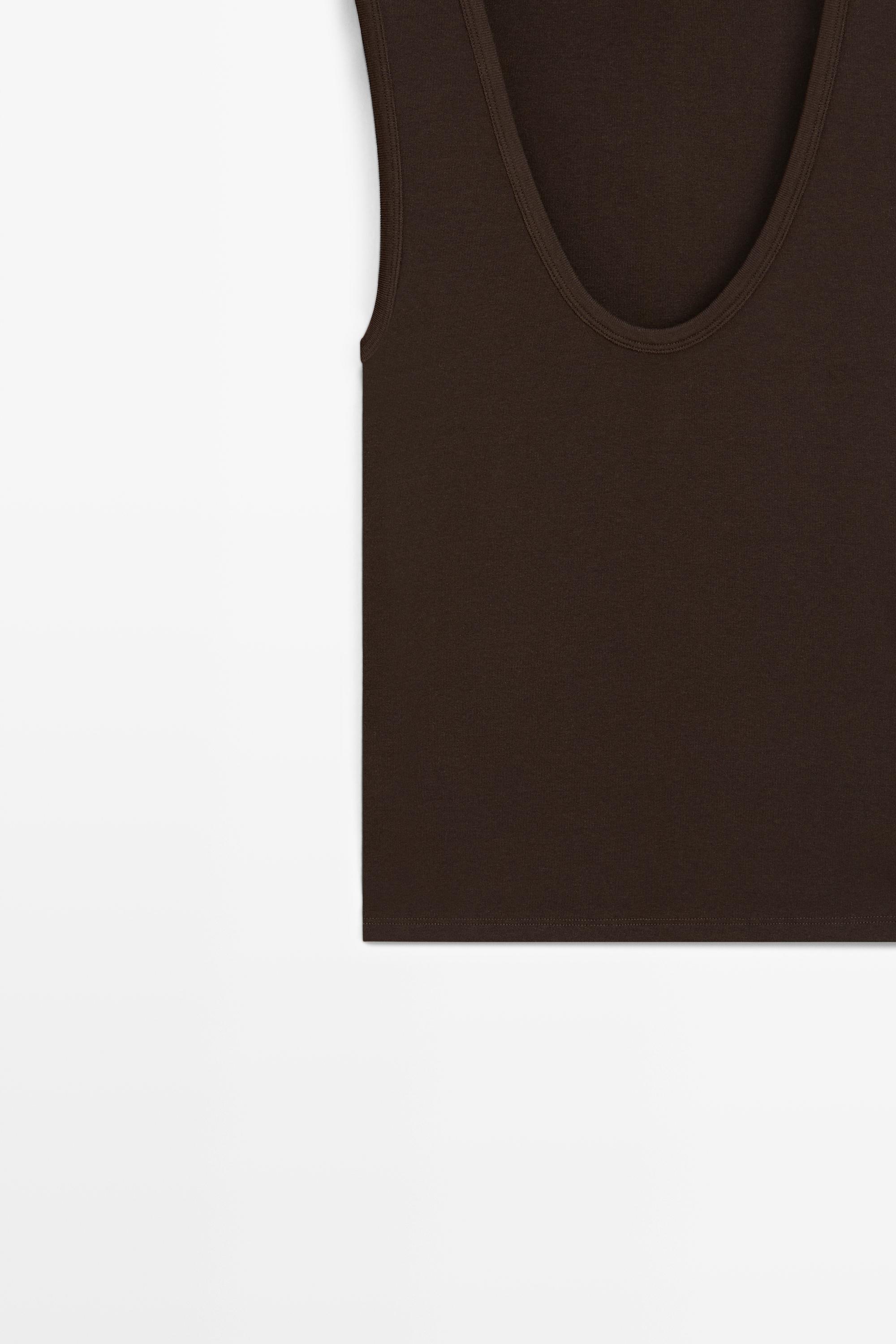 Cotton blend V-neck top — BROWN