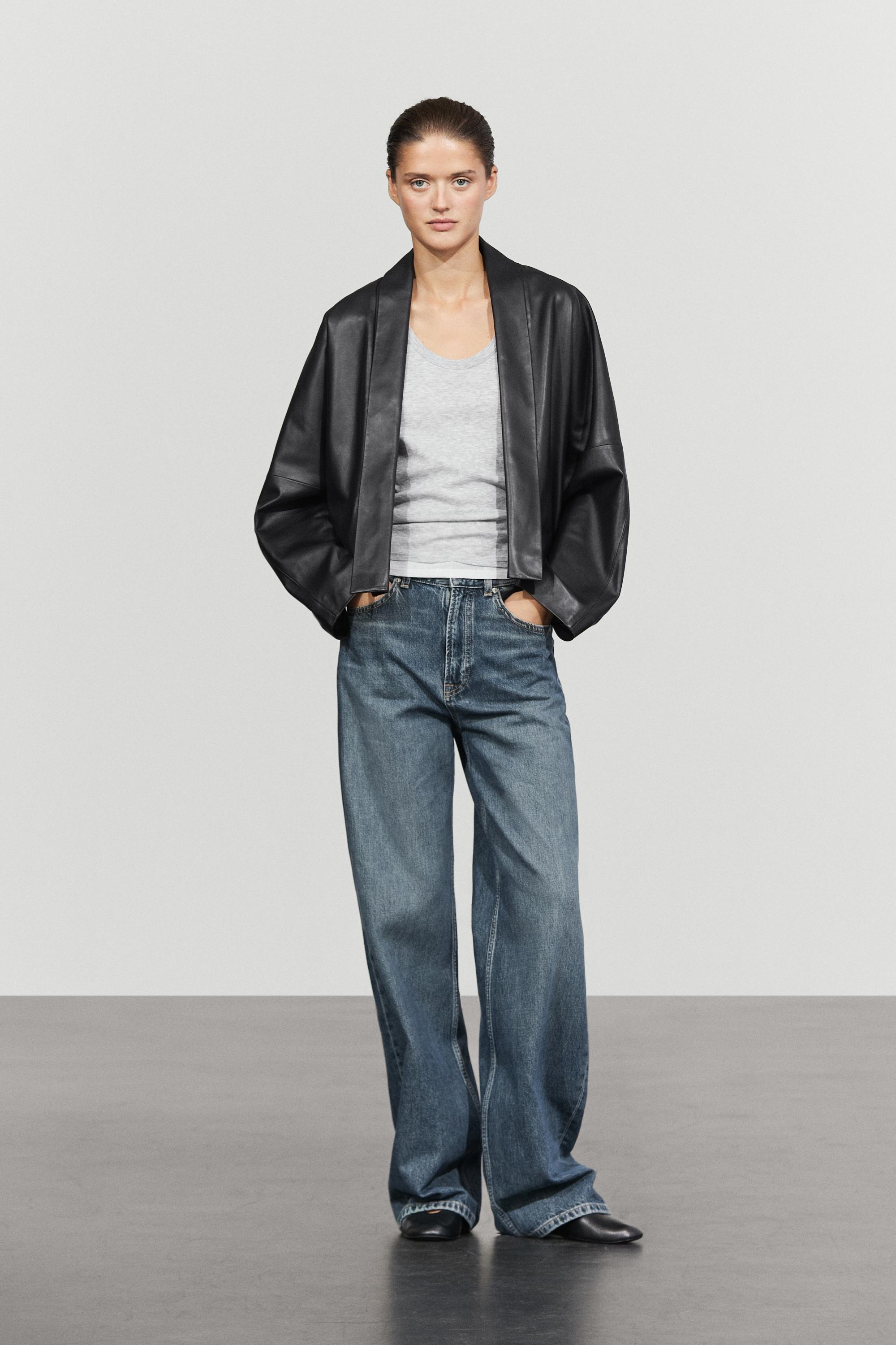 Nappa leather lapel kimono — BLACK