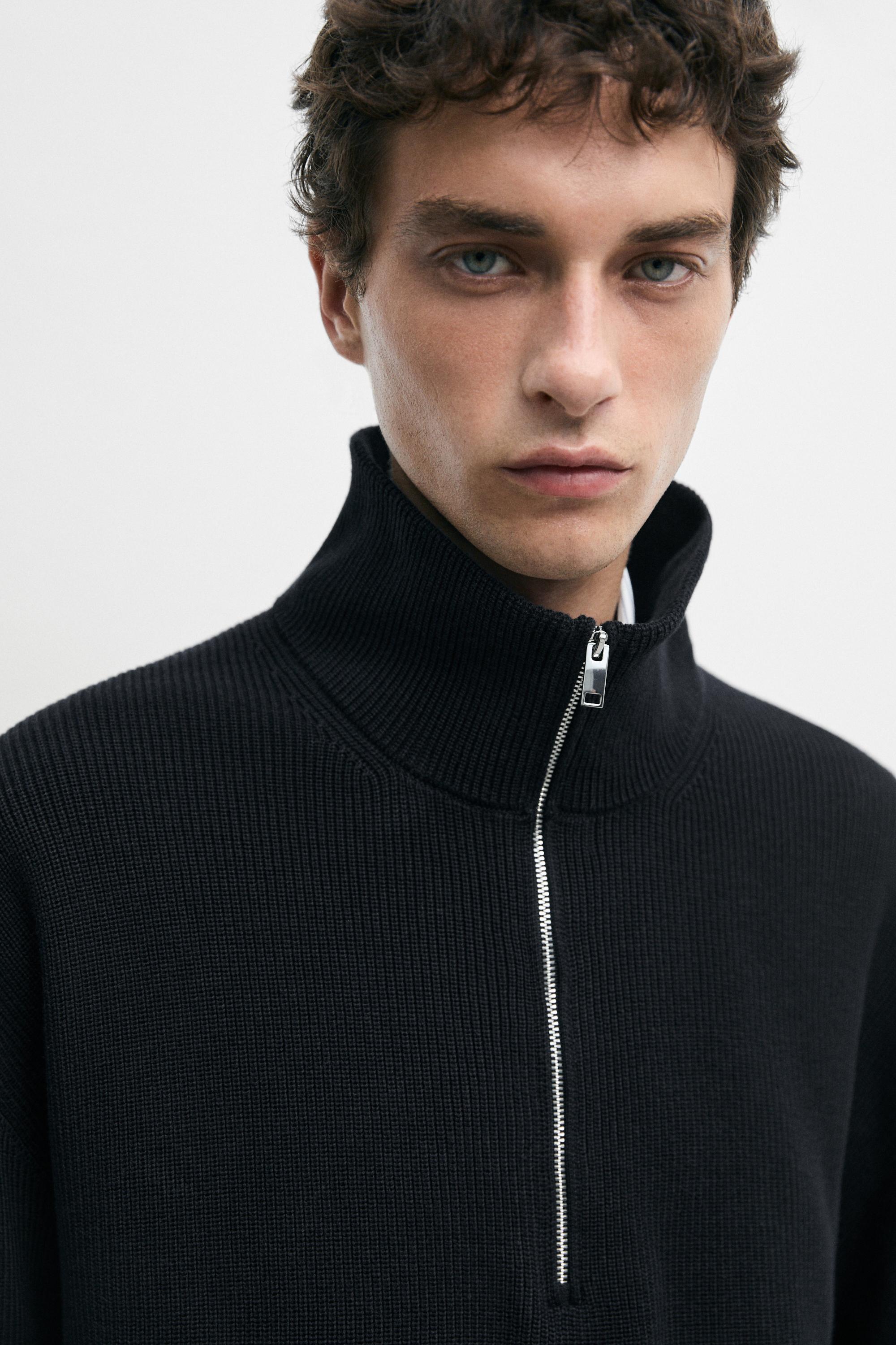 100% cotton mock neck knit sweater — NAVY BLUE