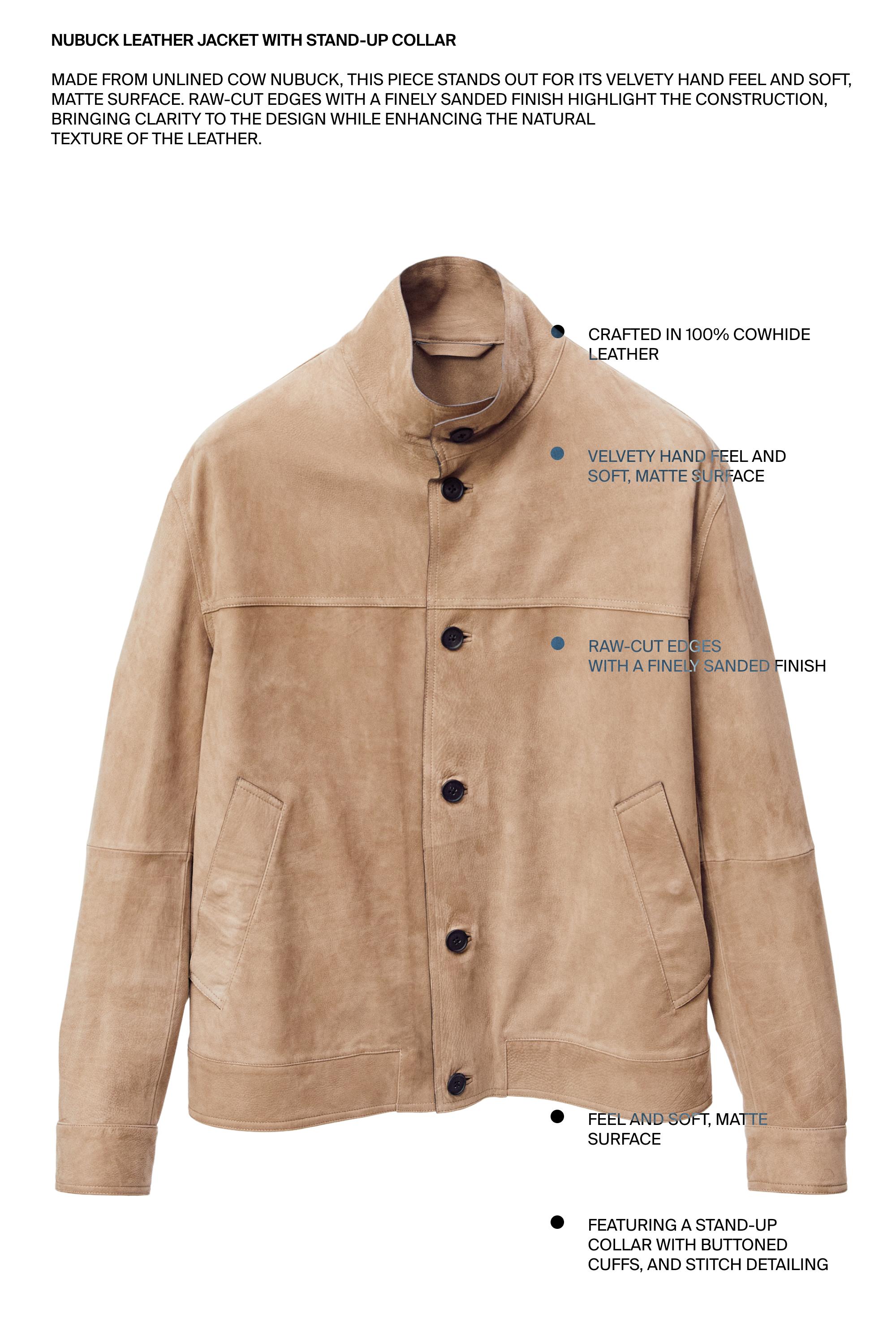 Nubuck leather jacket with stand-up collar — BEIGE