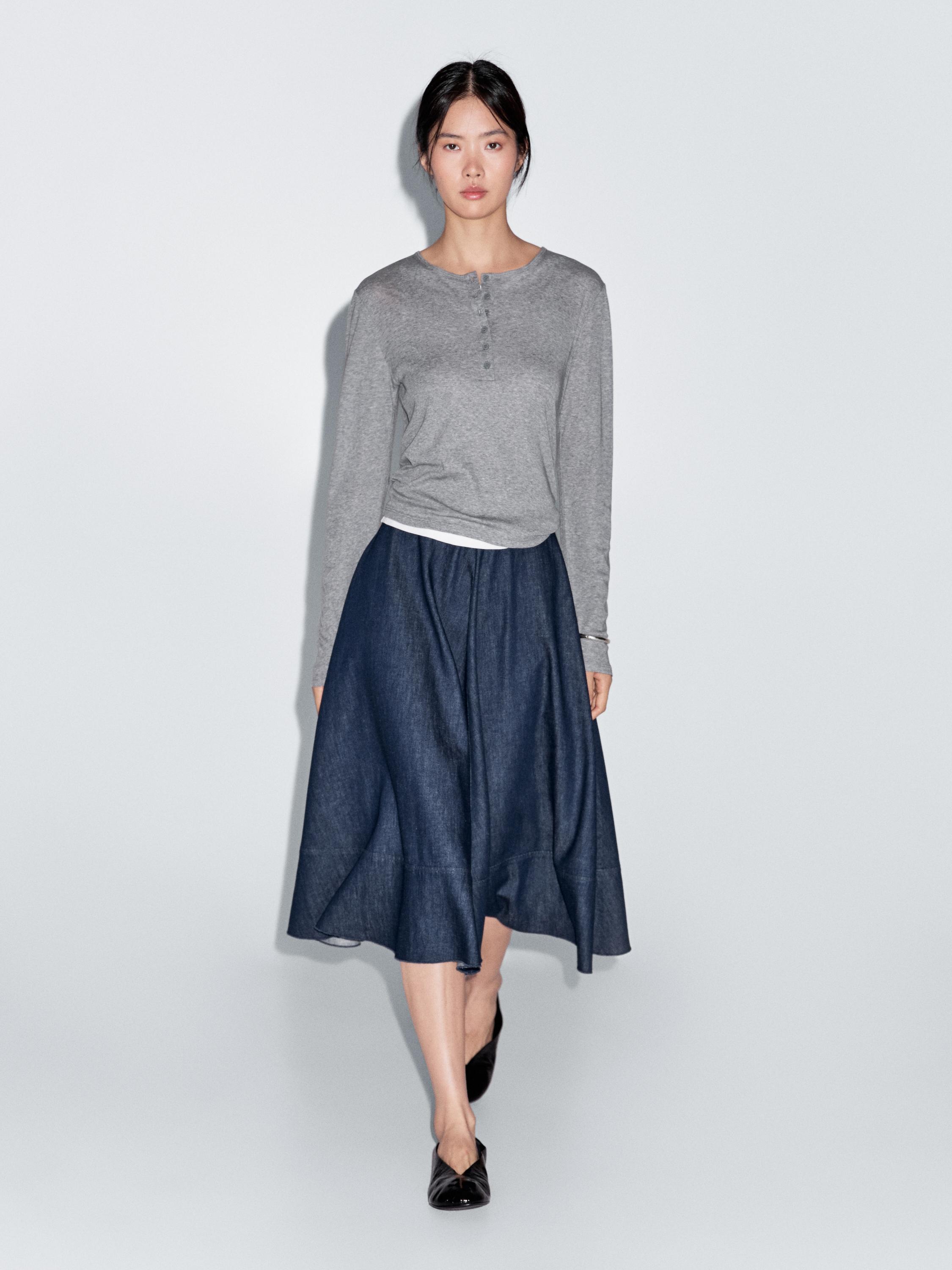 Jupe midi denim en coton mélangé