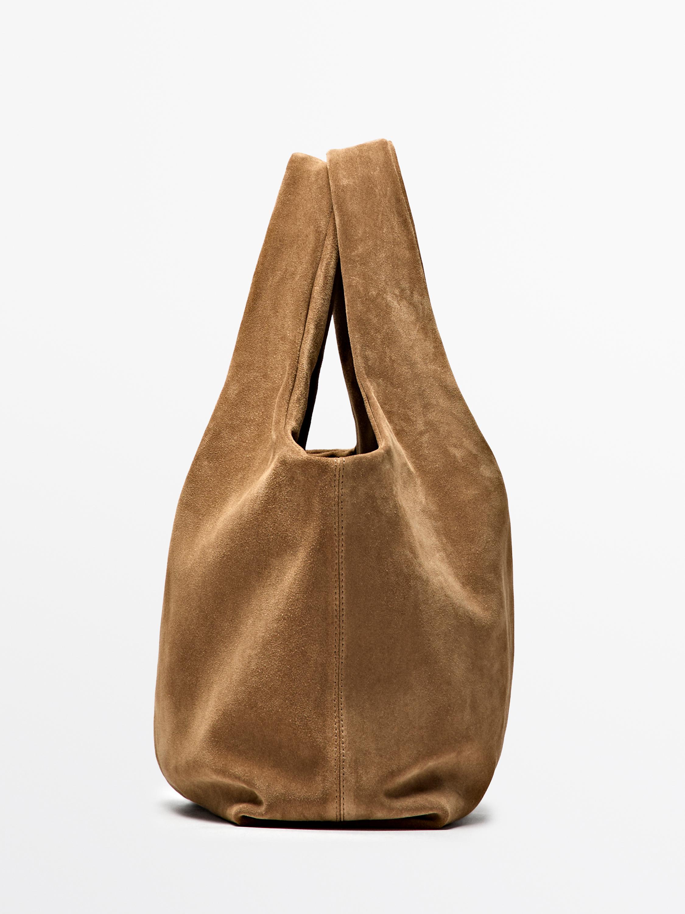 Medium split leather shopper bag — SAND